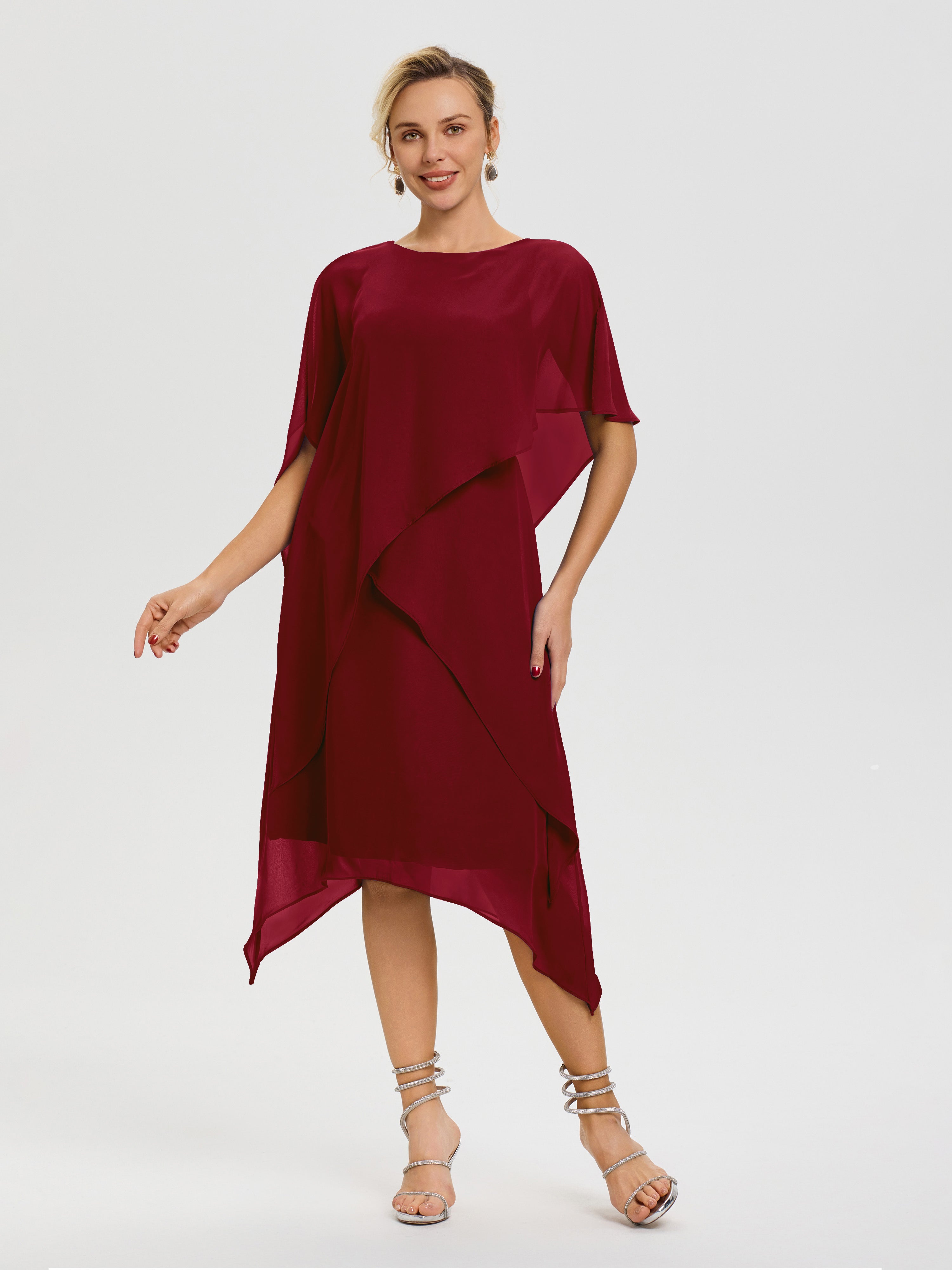 Robe Mere De La Mariee Bordeaux Col Rond Mousseline Asymétrique Robe Mère Du Marié