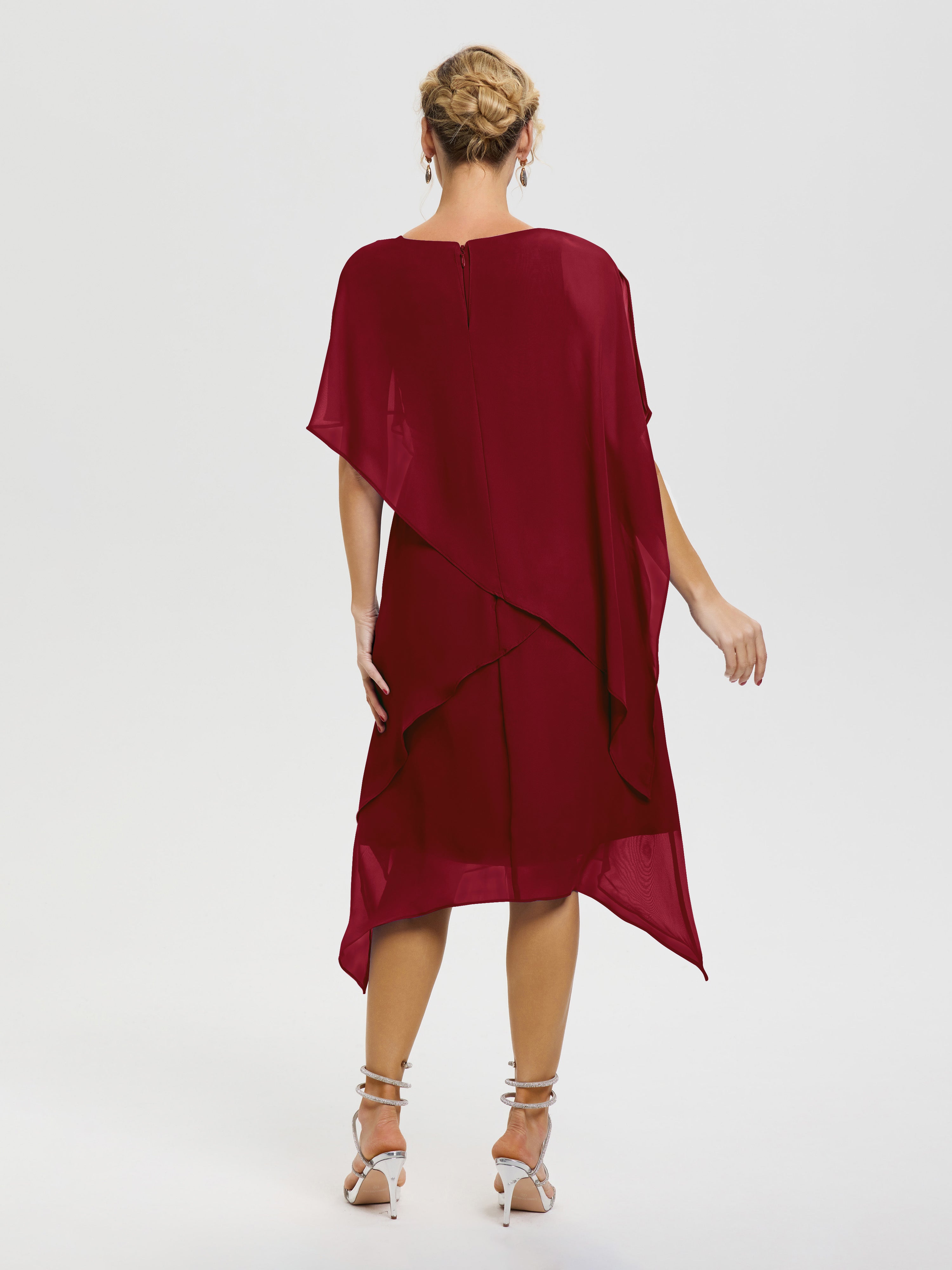Robe Mere De La Mariee Bordeaux Col Rond Mousseline Asymétrique Robe Mère Du Marié