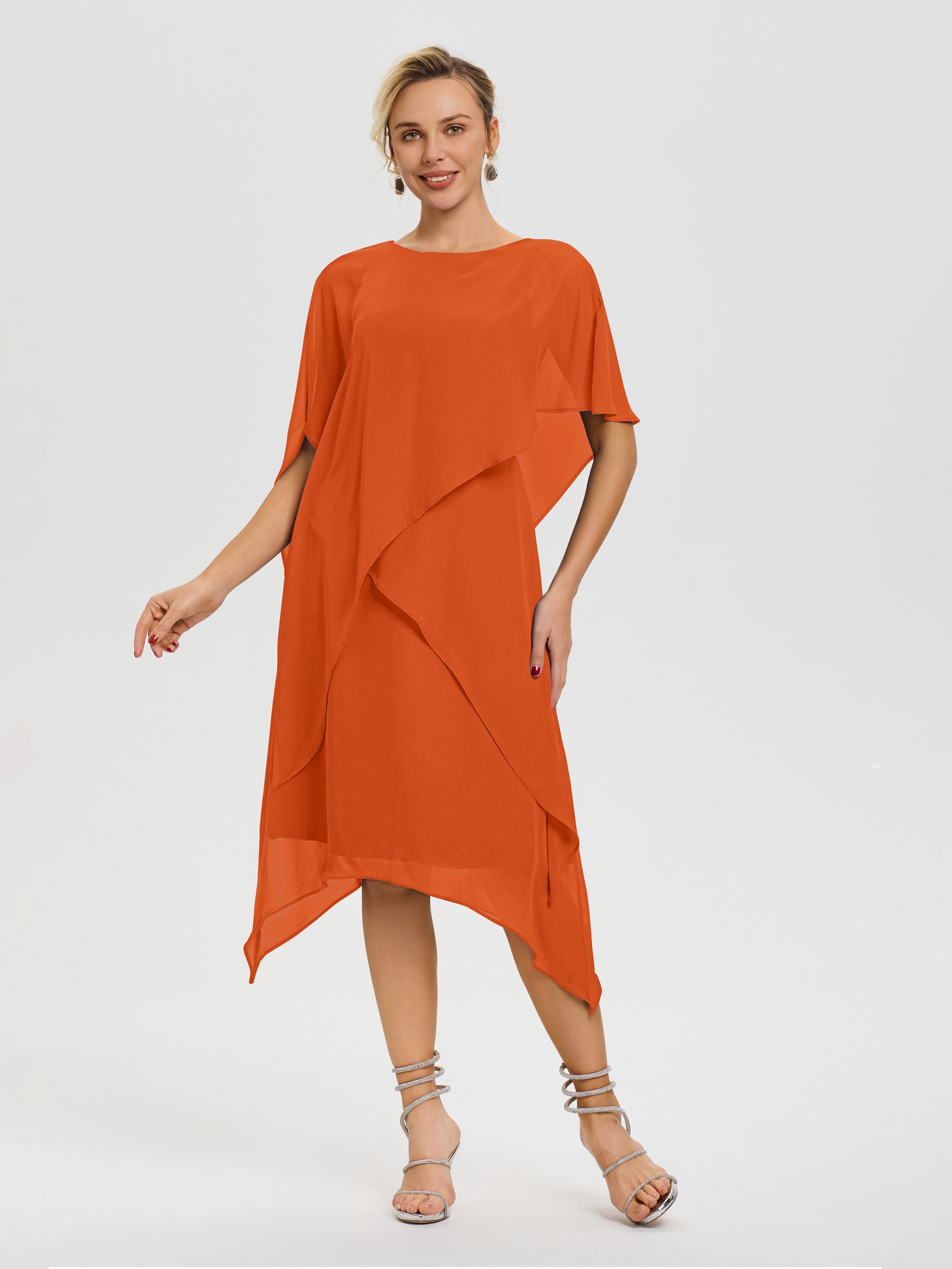 Robe Pour Mère De La Mariée Orange Brûlé Col Rond Mousseline Asymétrique Robe Mère Du Marié