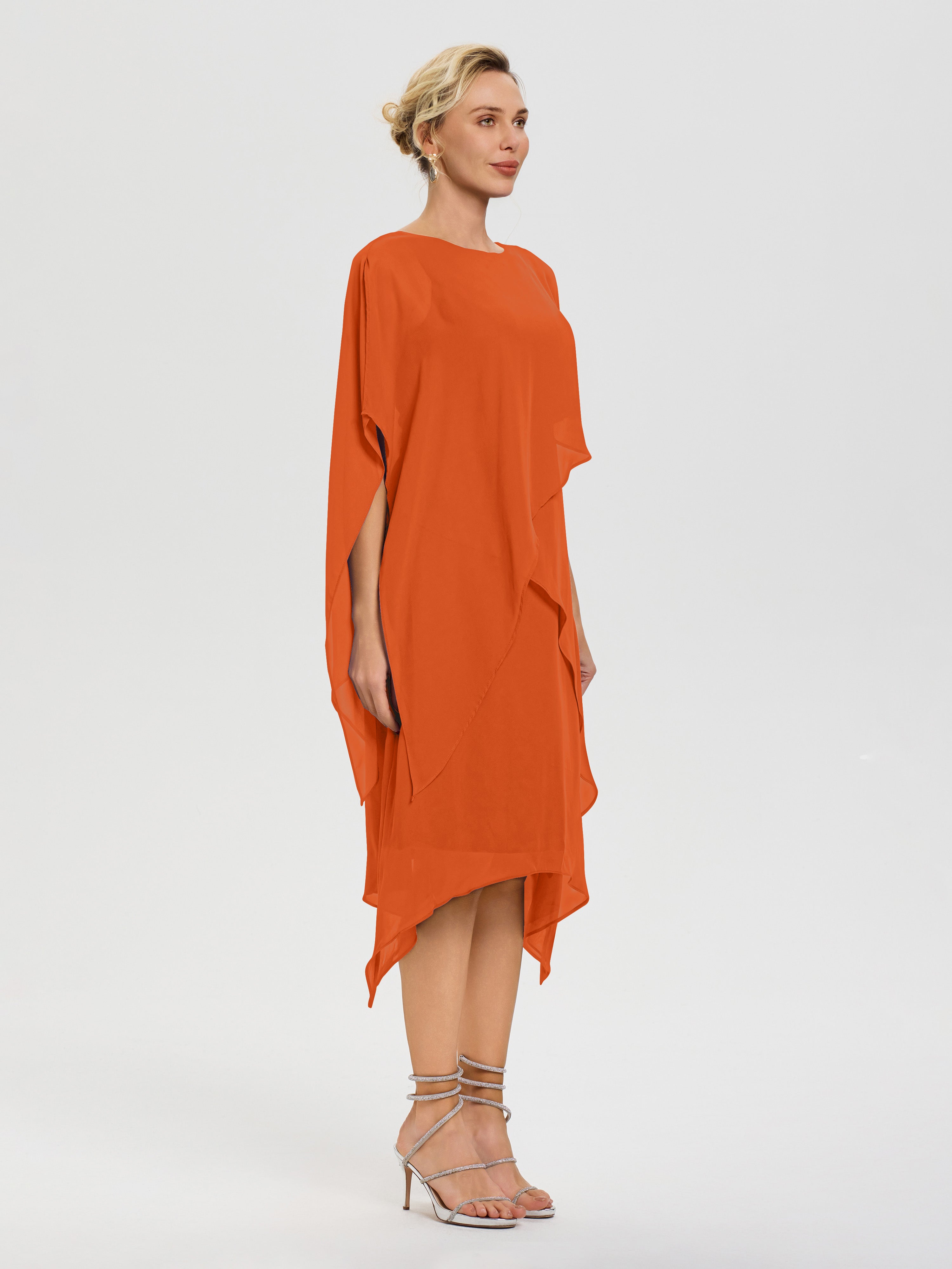 Robe Pour Mère De La Mariée Orange Brûlé Col Rond Mousseline Asymétrique Robe Mère Du Marié