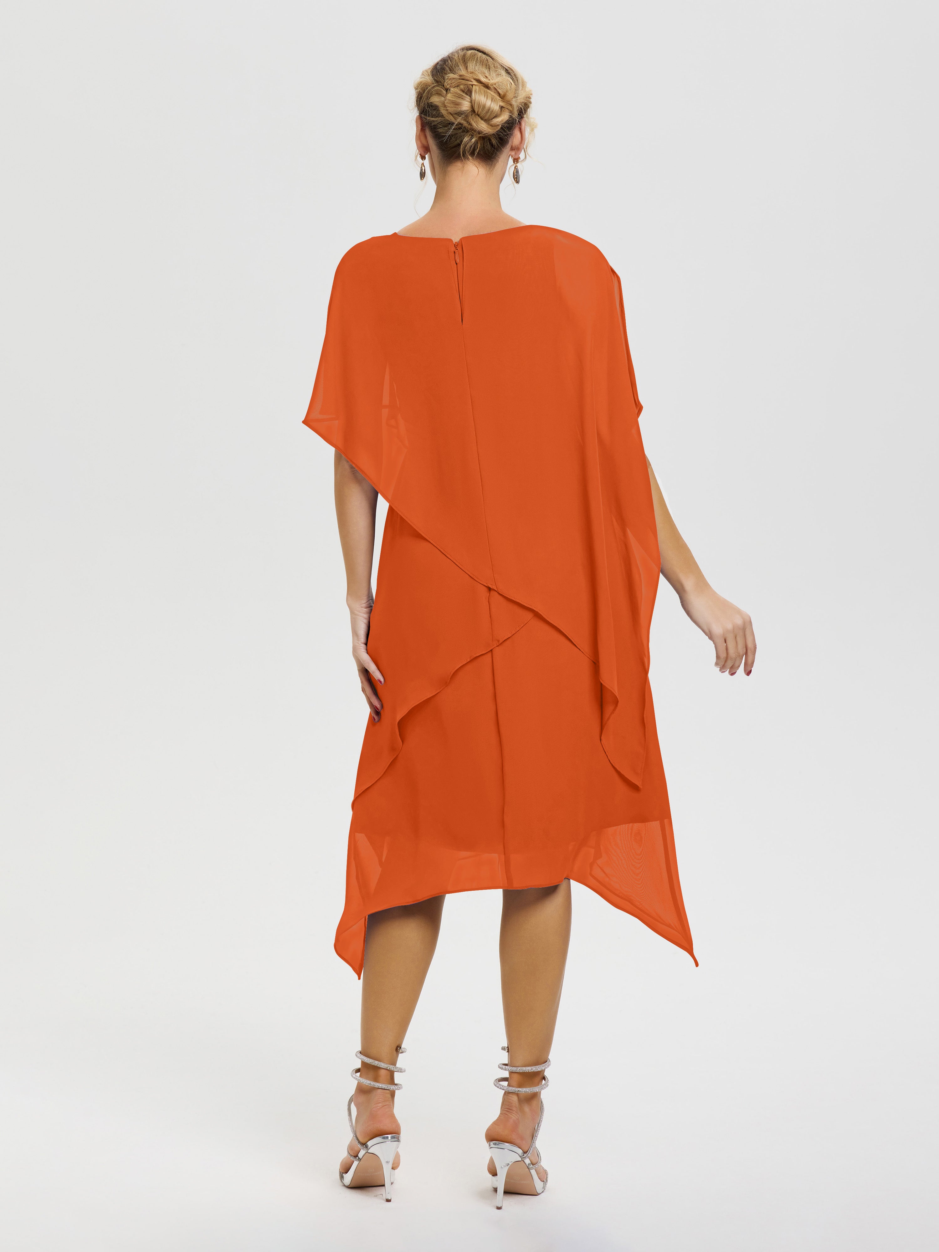 Robe Pour Mère De La Mariée Orange Brûlé Col Rond Mousseline Asymétrique Robe Mère Du Marié
