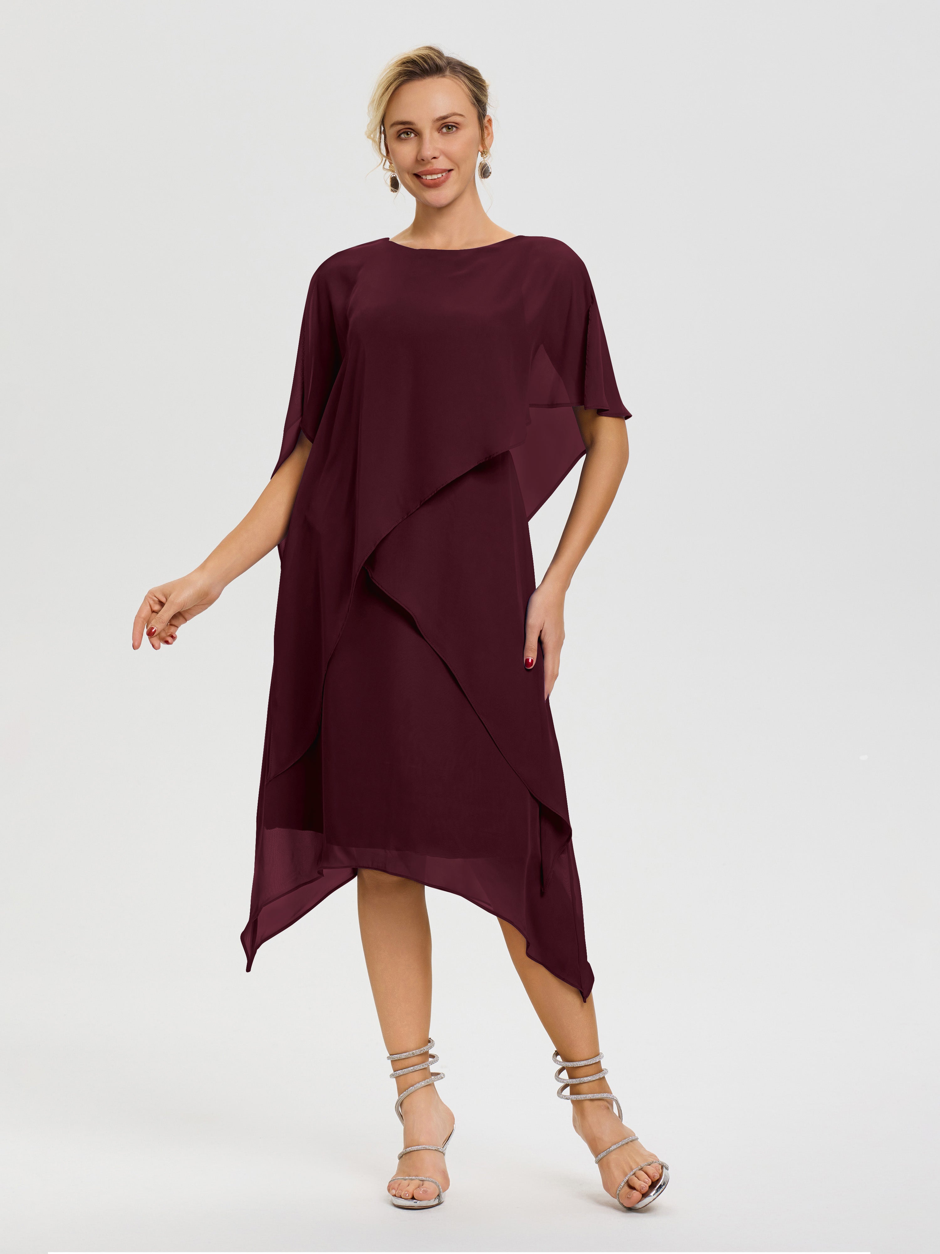 Robe Pour La Mère De La Mariée Cabernet Col Rond Mousseline Asymétrique Robe Mère Du Marié