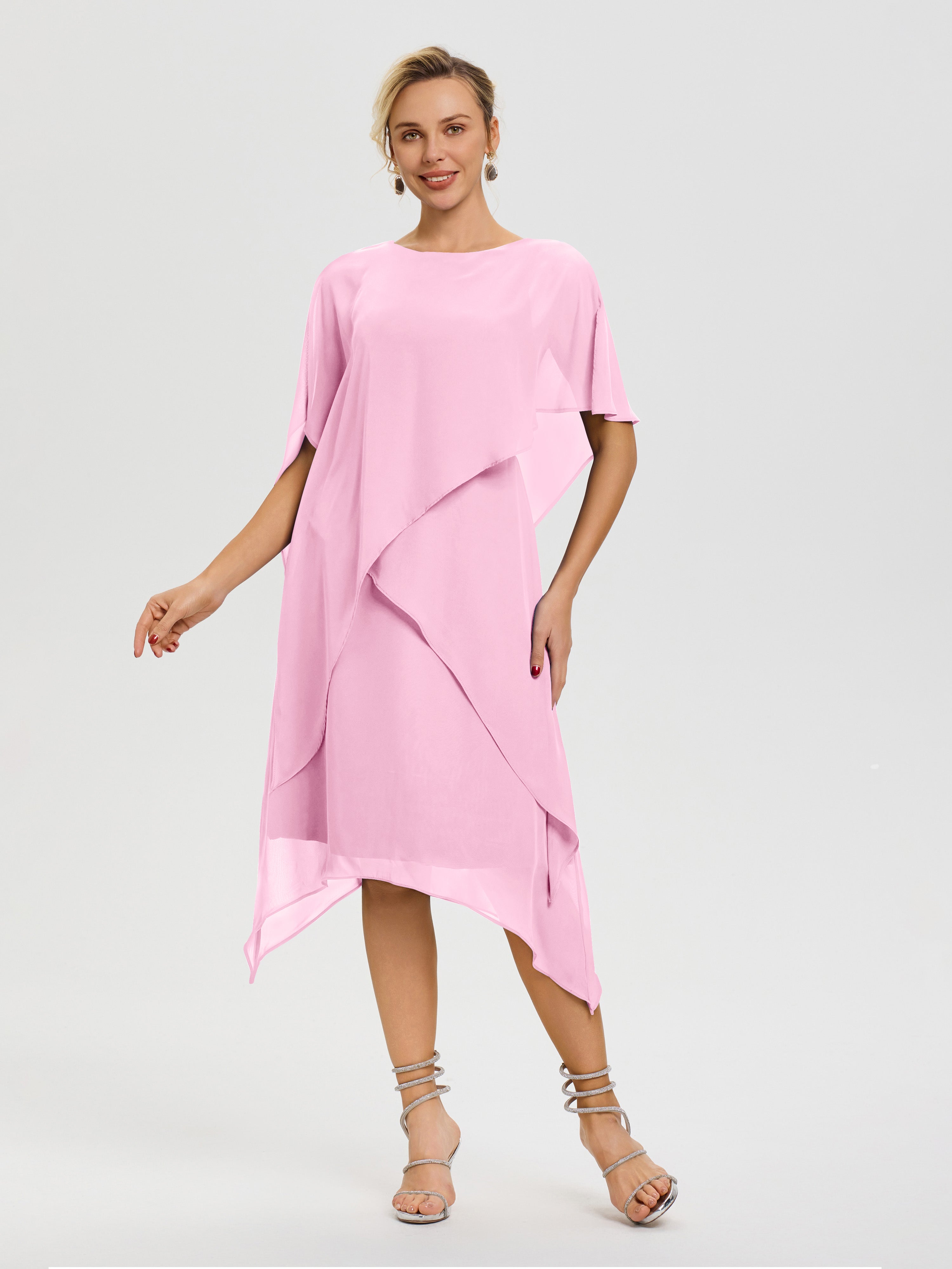 Robe Mère De La Mariee Rose Bonbon Col Rond Mousseline Asymétrique Robe Mère Du Marié