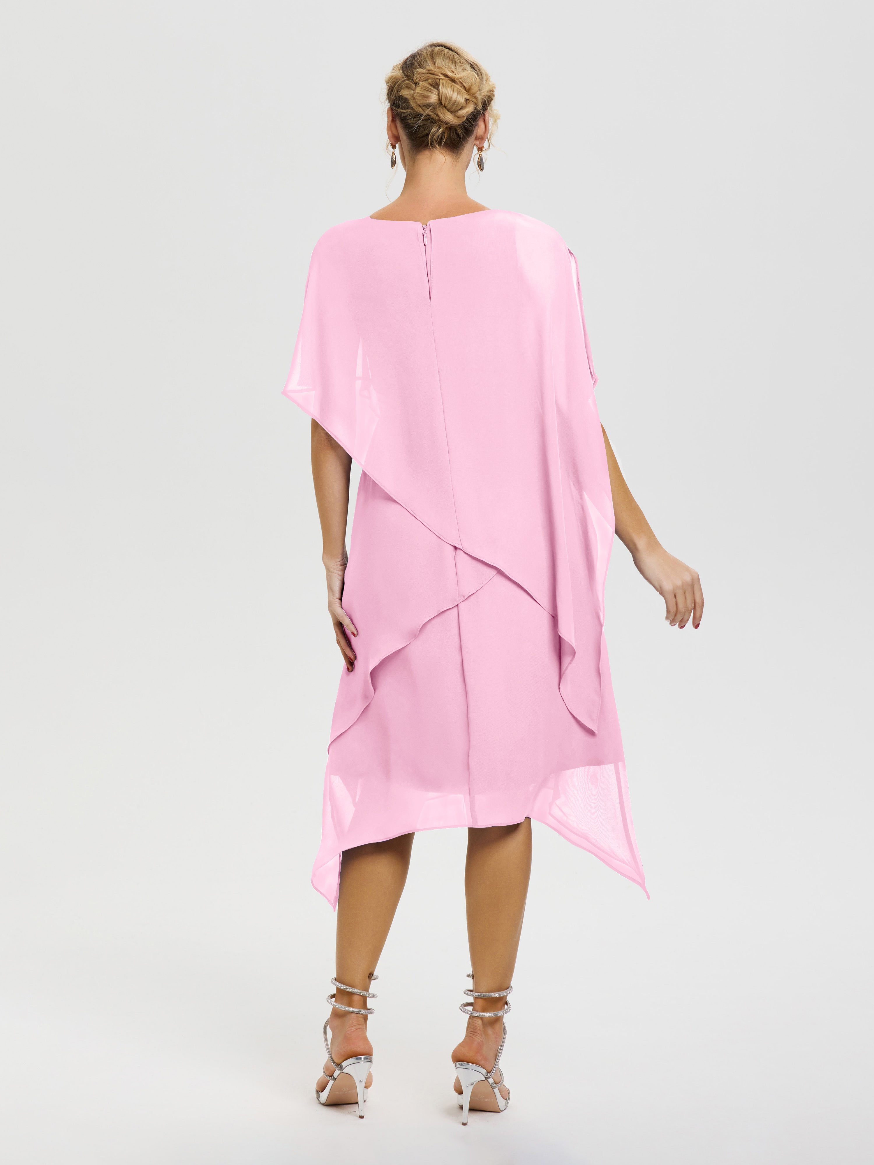 Robe Mère De La Mariee Rose Bonbon Col Rond Mousseline Asymétrique Robe Mère Du Marié
