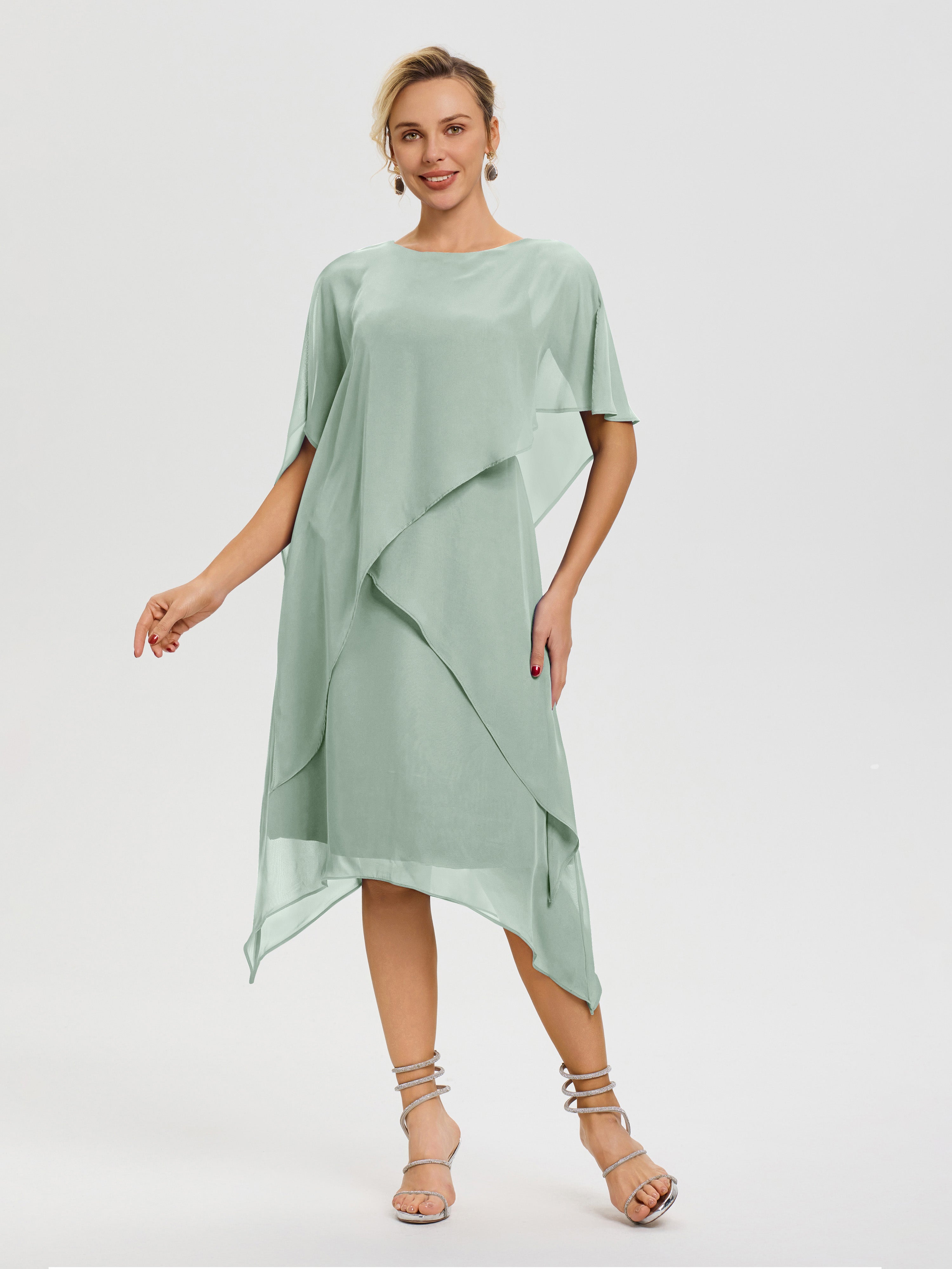 Robe Pour La Mère De La Mariée Celadon Col Rond Mousseline Asymétrique Robe Mère Du Marié