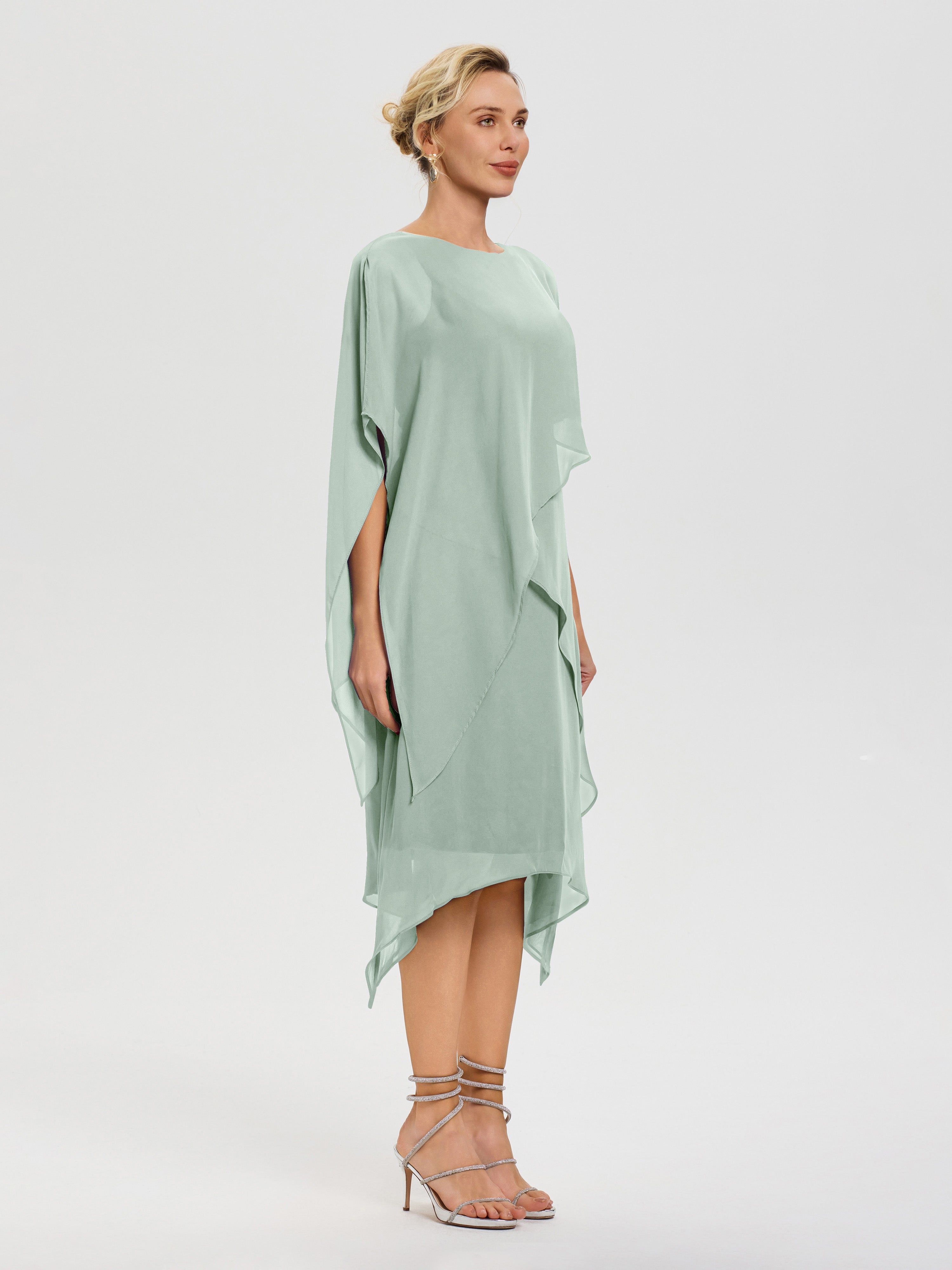 Robe Pour La Mère De La Mariée Celadon Col Rond Mousseline Asymétrique Robe Mère Du Marié
