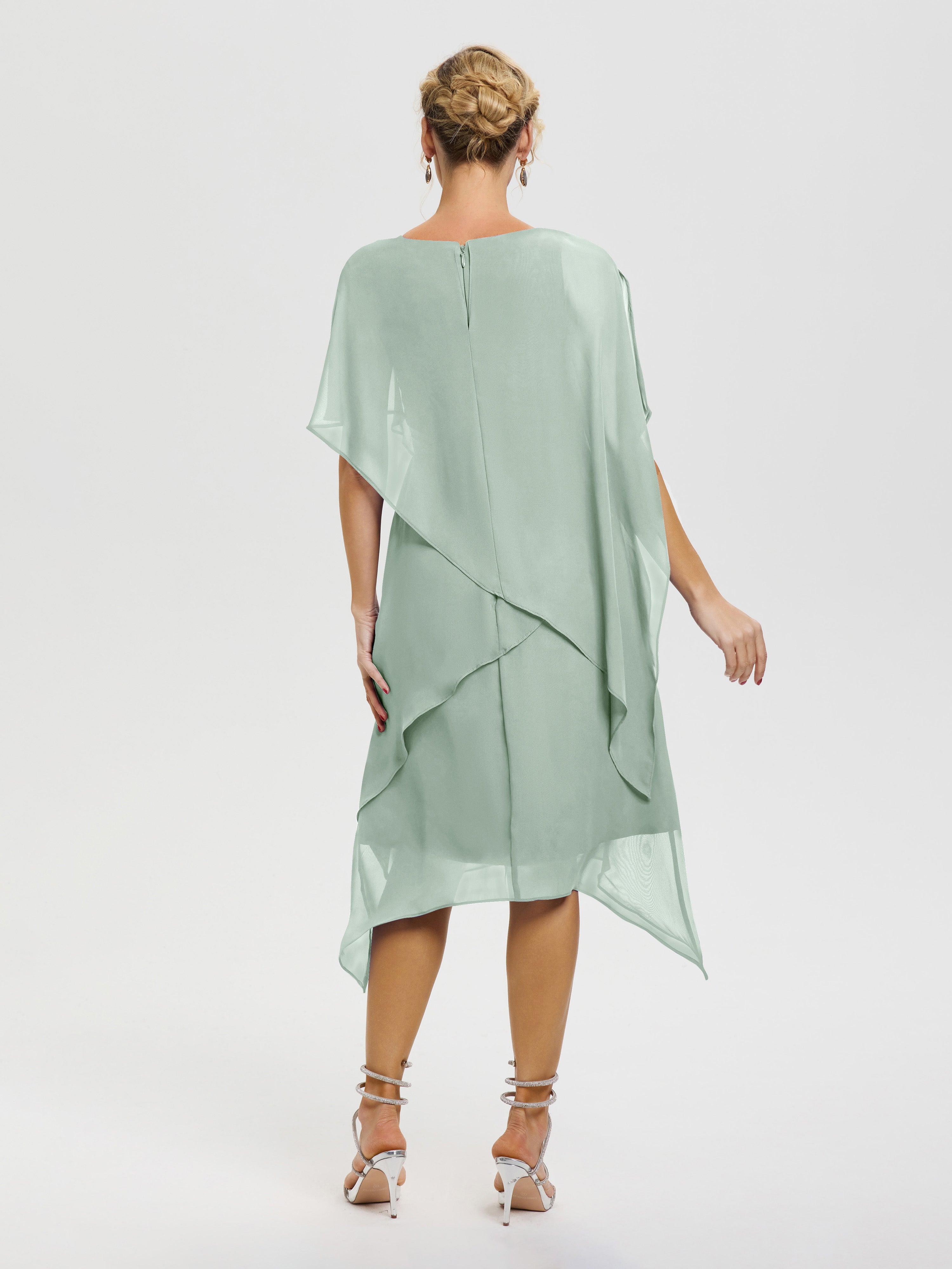 Robe Pour La Mère De La Mariée Celadon Col Rond Mousseline Asymétrique Robe Mère Du Marié