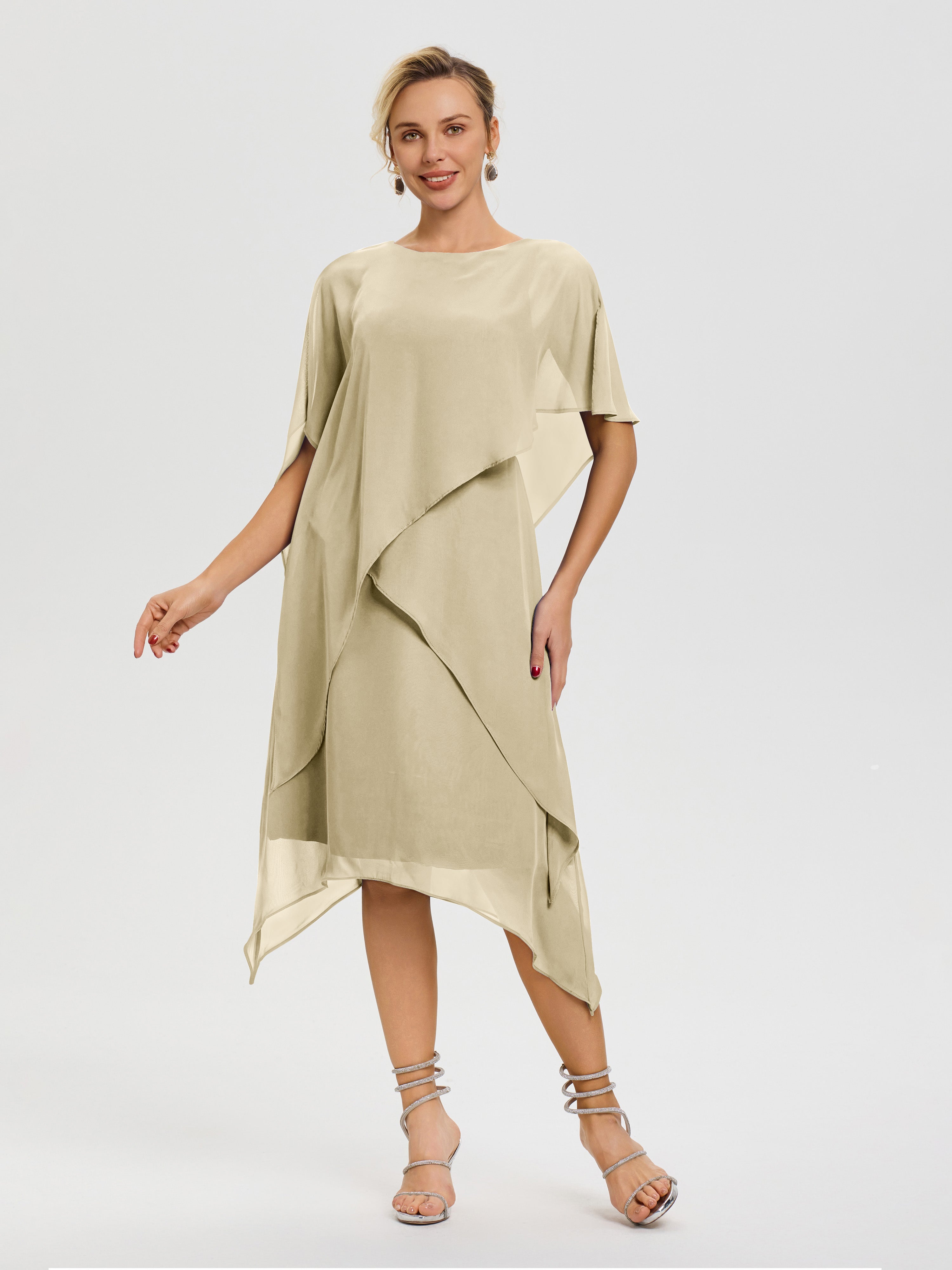 Robe Mere De La Mariee Champagne Col Rond Mousseline Asymétrique Robe Mère Du Marié