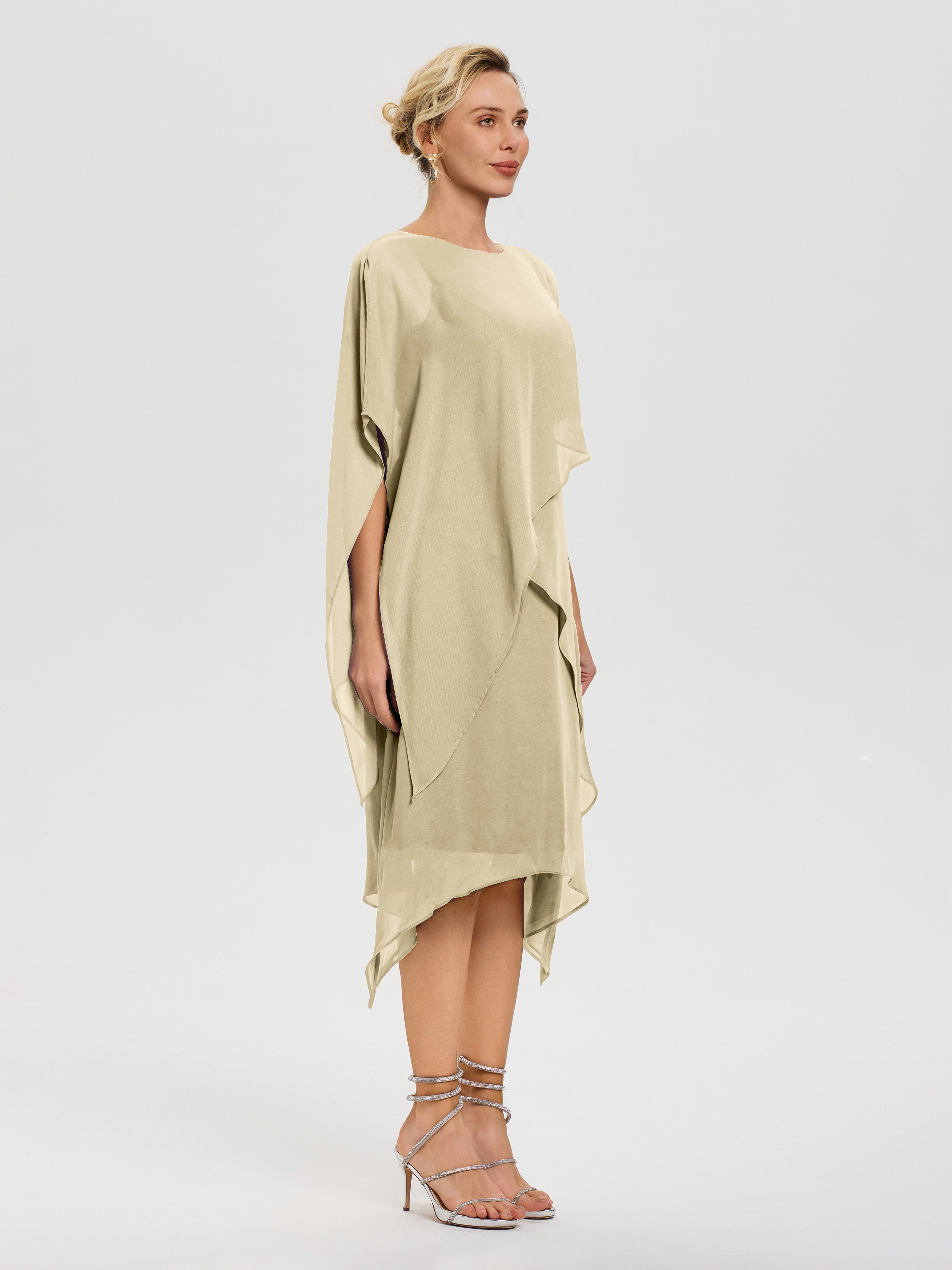Robe Mere De La Mariee Champagne Col Rond Mousseline Asymétrique Robe Mère Du Marié