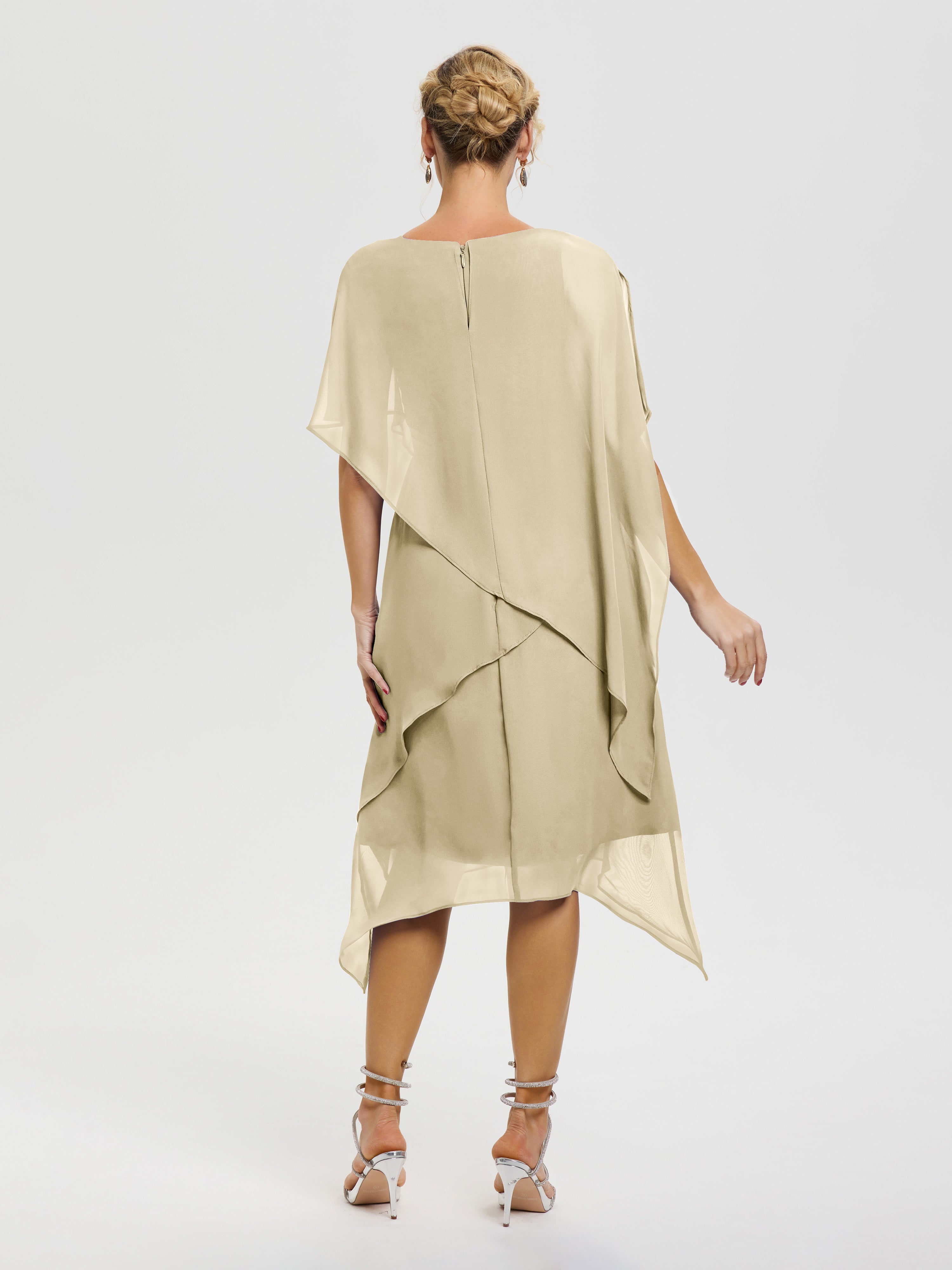 Robe Mere De La Mariee Champagne Col Rond Mousseline Asymétrique Robe Mère Du Marié