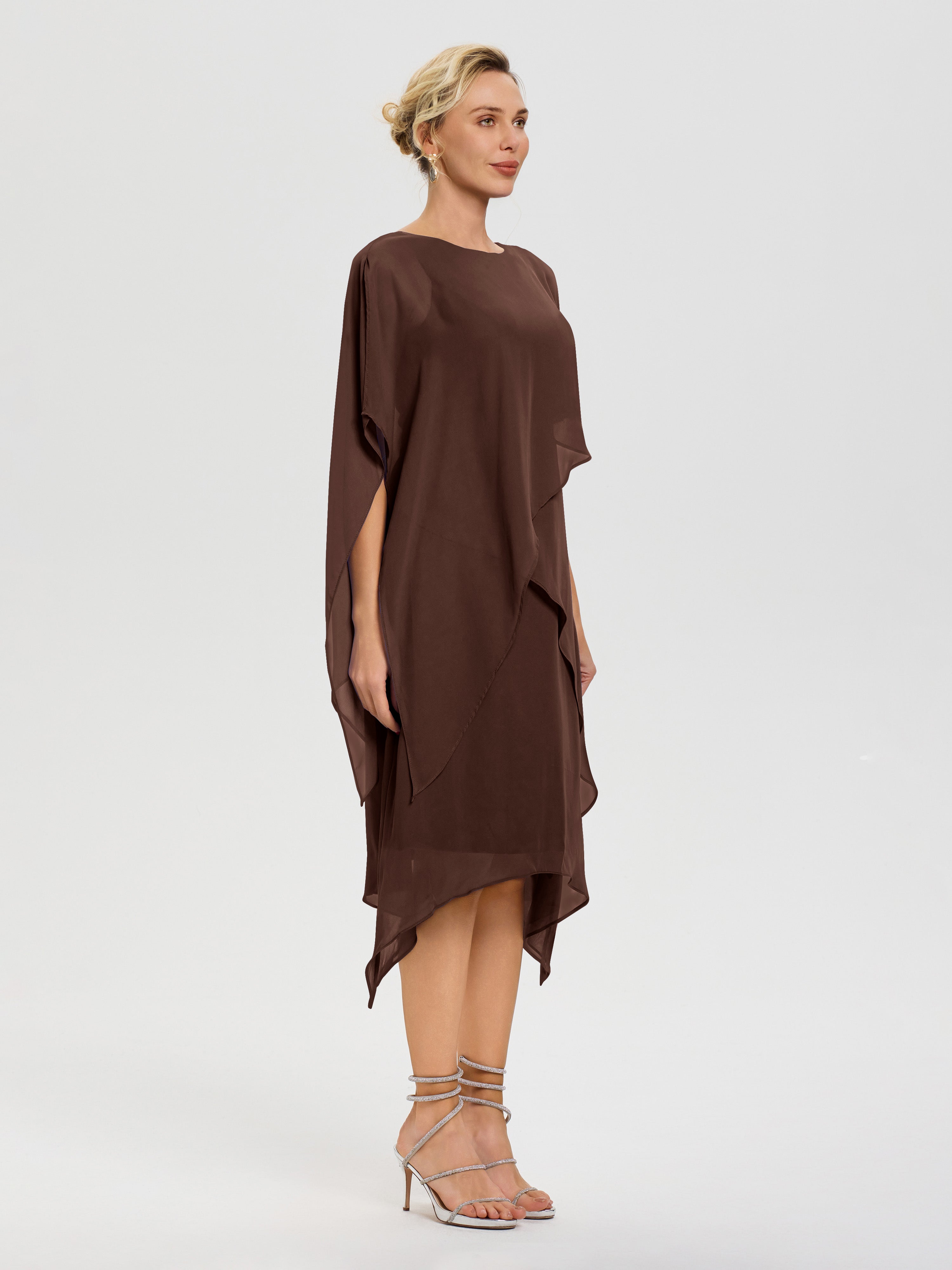 Robe Mère De Mariée Chocolat Col Rond Mousseline Asymétrique Robe Mère Du Marié