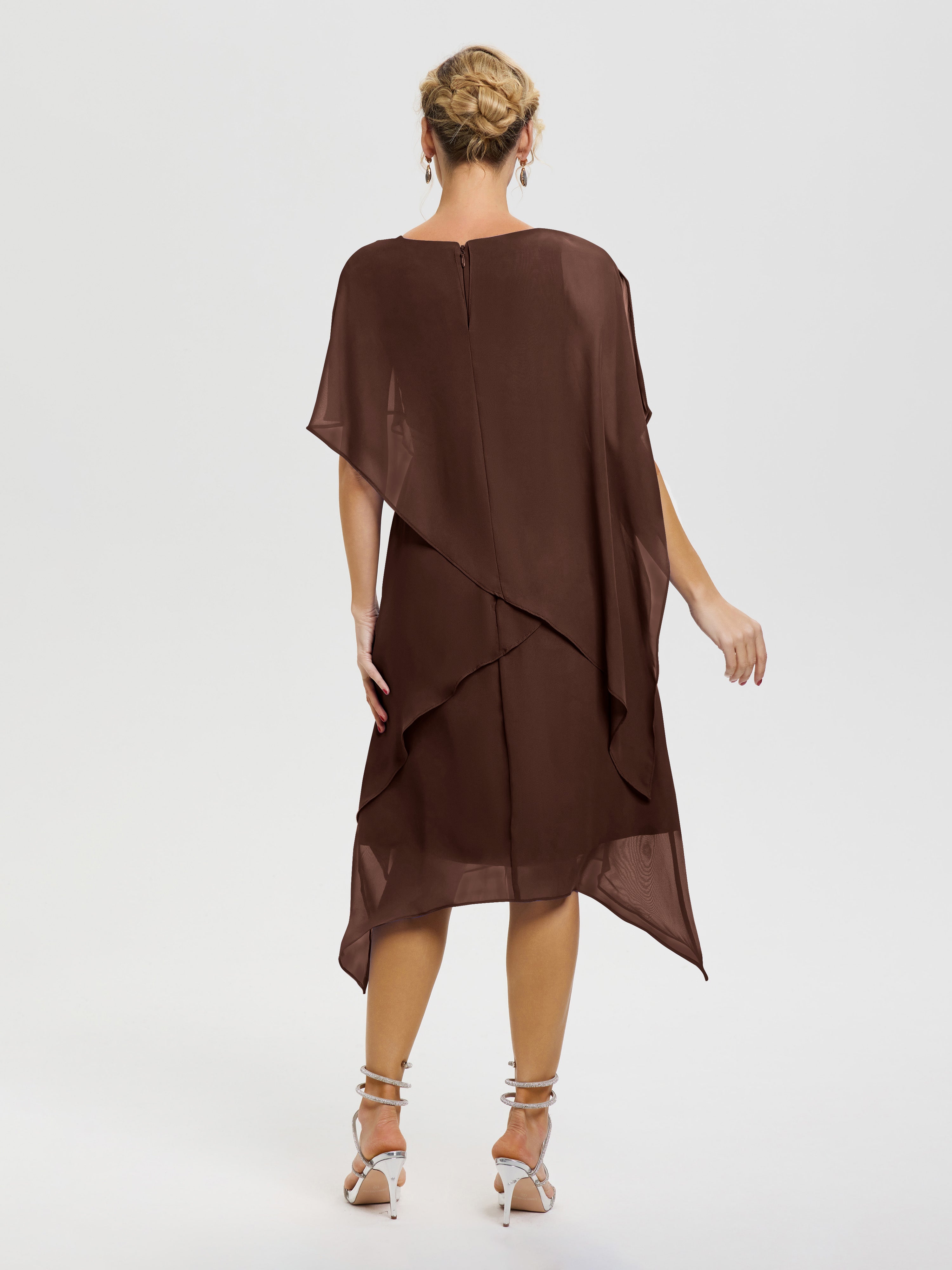 Robe Mère De Mariée Chocolat Col Rond Mousseline Asymétrique Robe Mère Du Marié