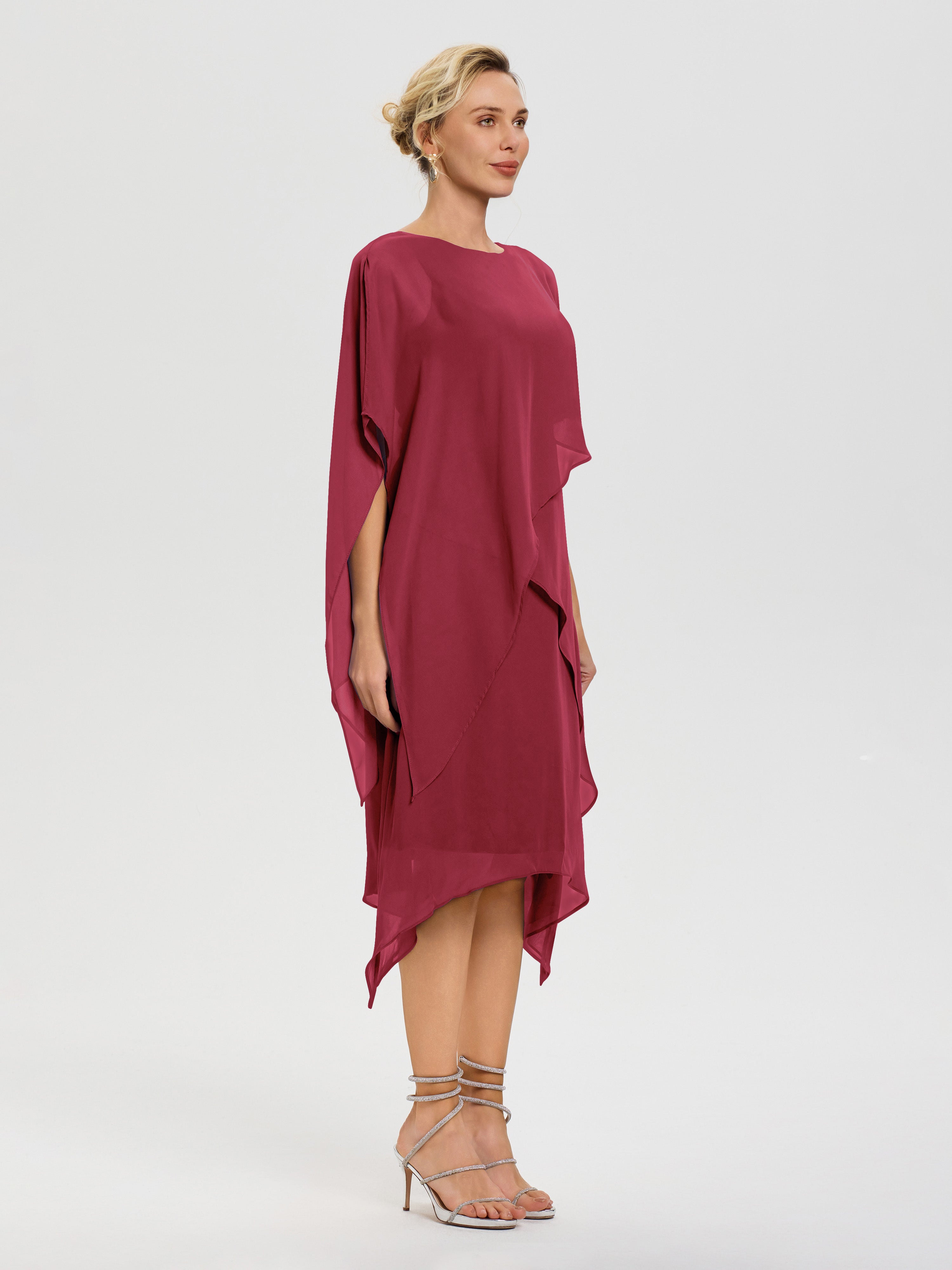 Robe Pour Mère De Mariée Rose Cannelle Col Rond Mousseline Asymétrique Robe Mère Du Marié