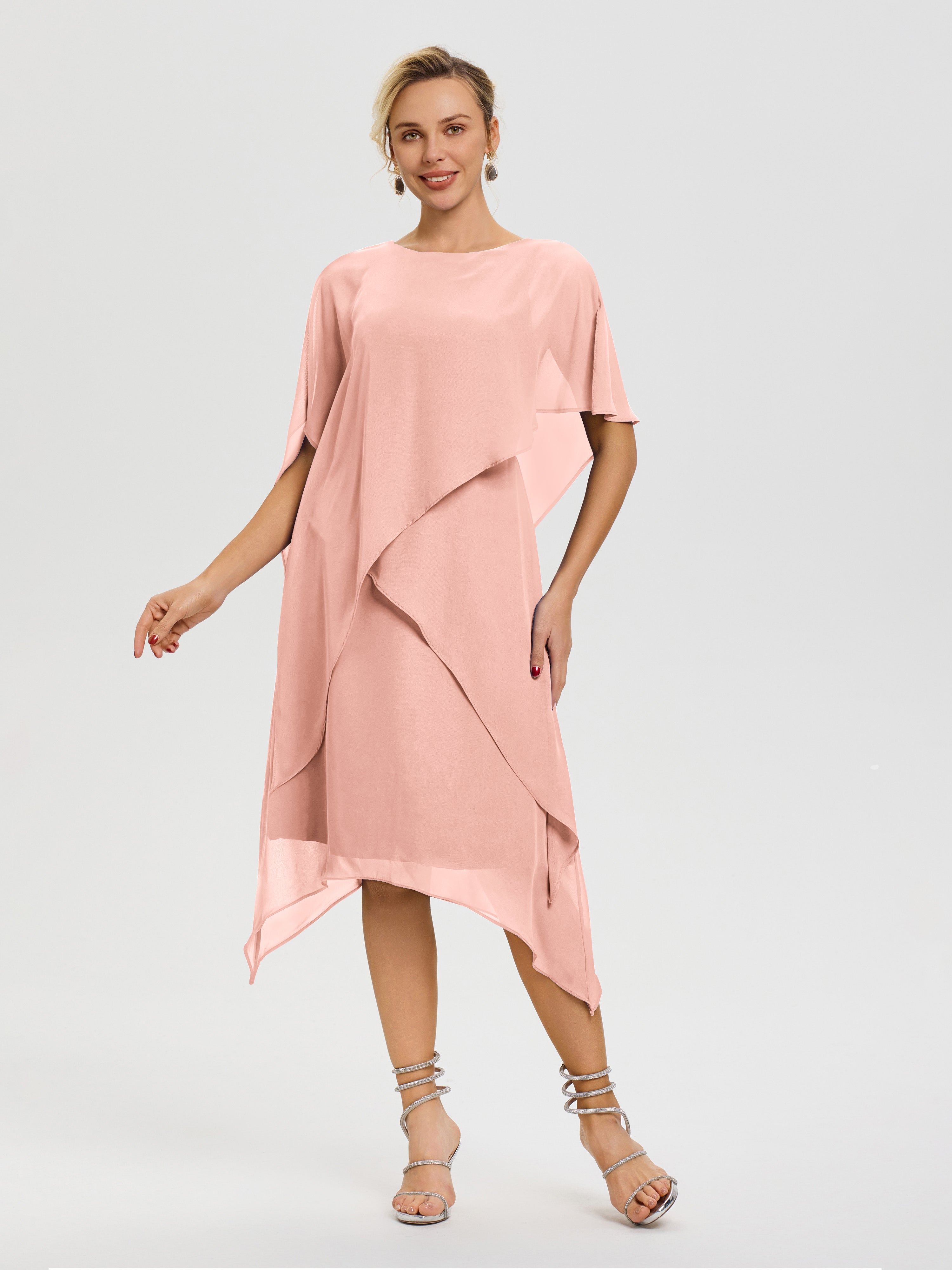 Robe De La Mère De La Mariée Corail Col Rond Mousseline Asymétrique Robe Mère Du Marié