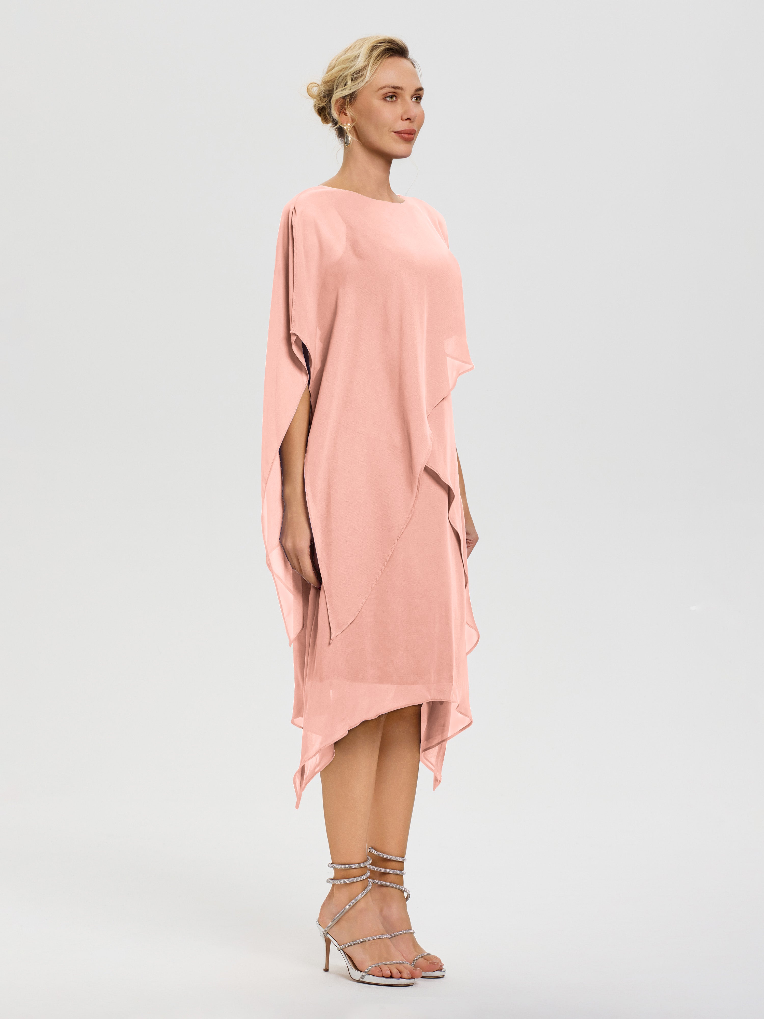 Robe De La Mère De La Mariée Corail Col Rond Mousseline Asymétrique Robe Mère Du Marié