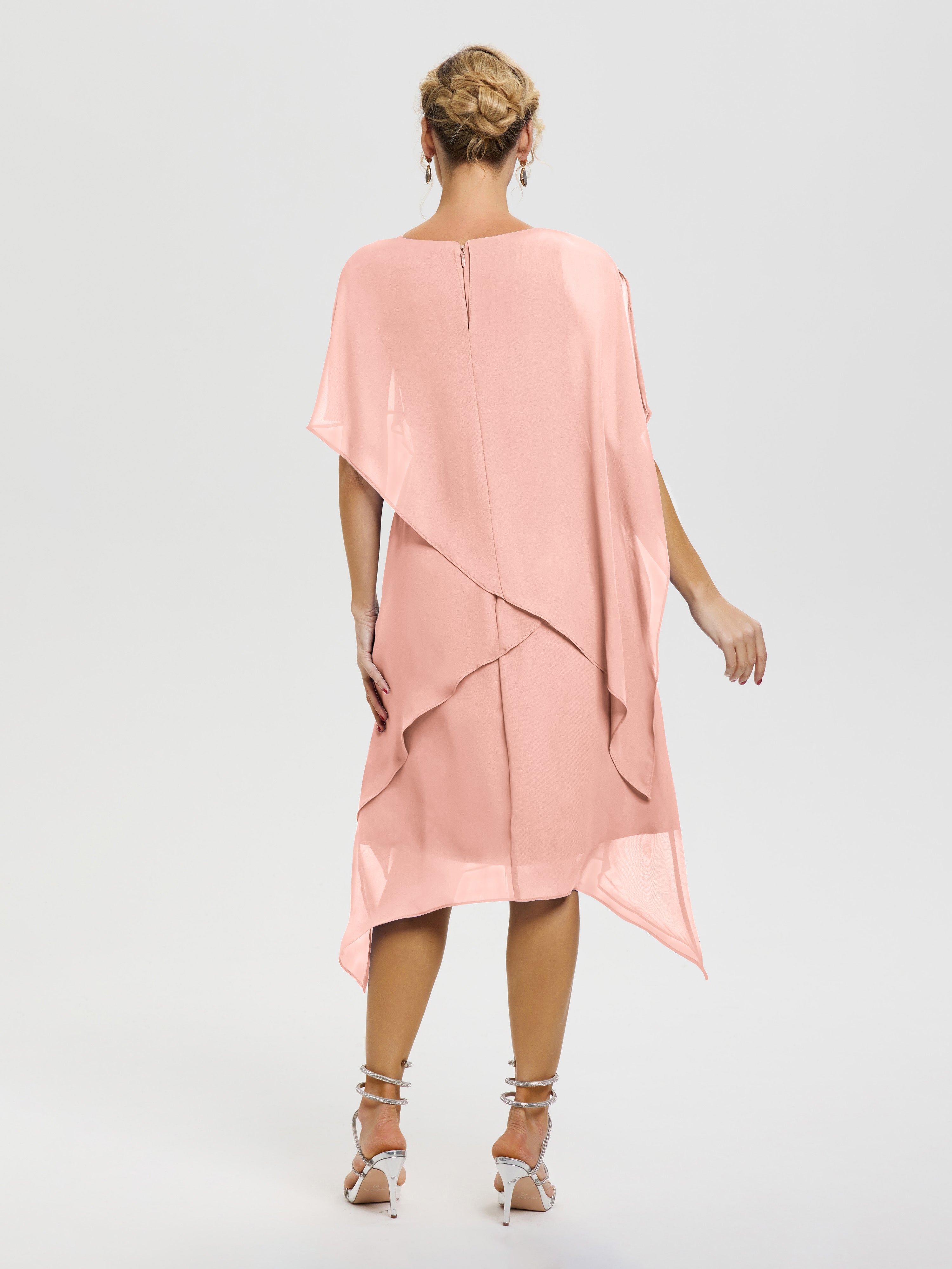 Robe De La Mère De La Mariée Corail Col Rond Mousseline Asymétrique Robe Mère Du Marié