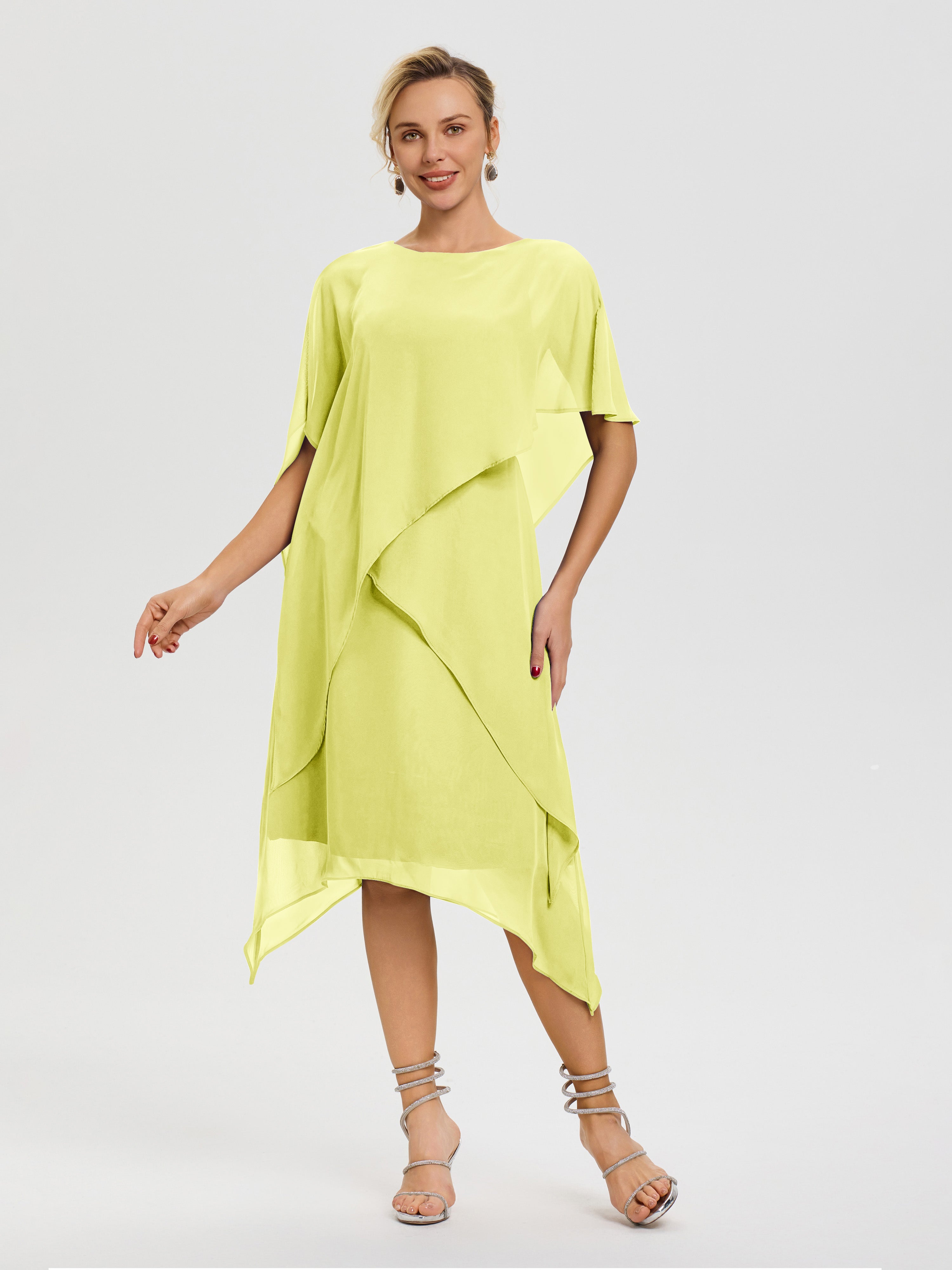 Robe De Mère De Mariée Jonquille Col Rond Mousseline Asymétrique Robe Mère Du Marié