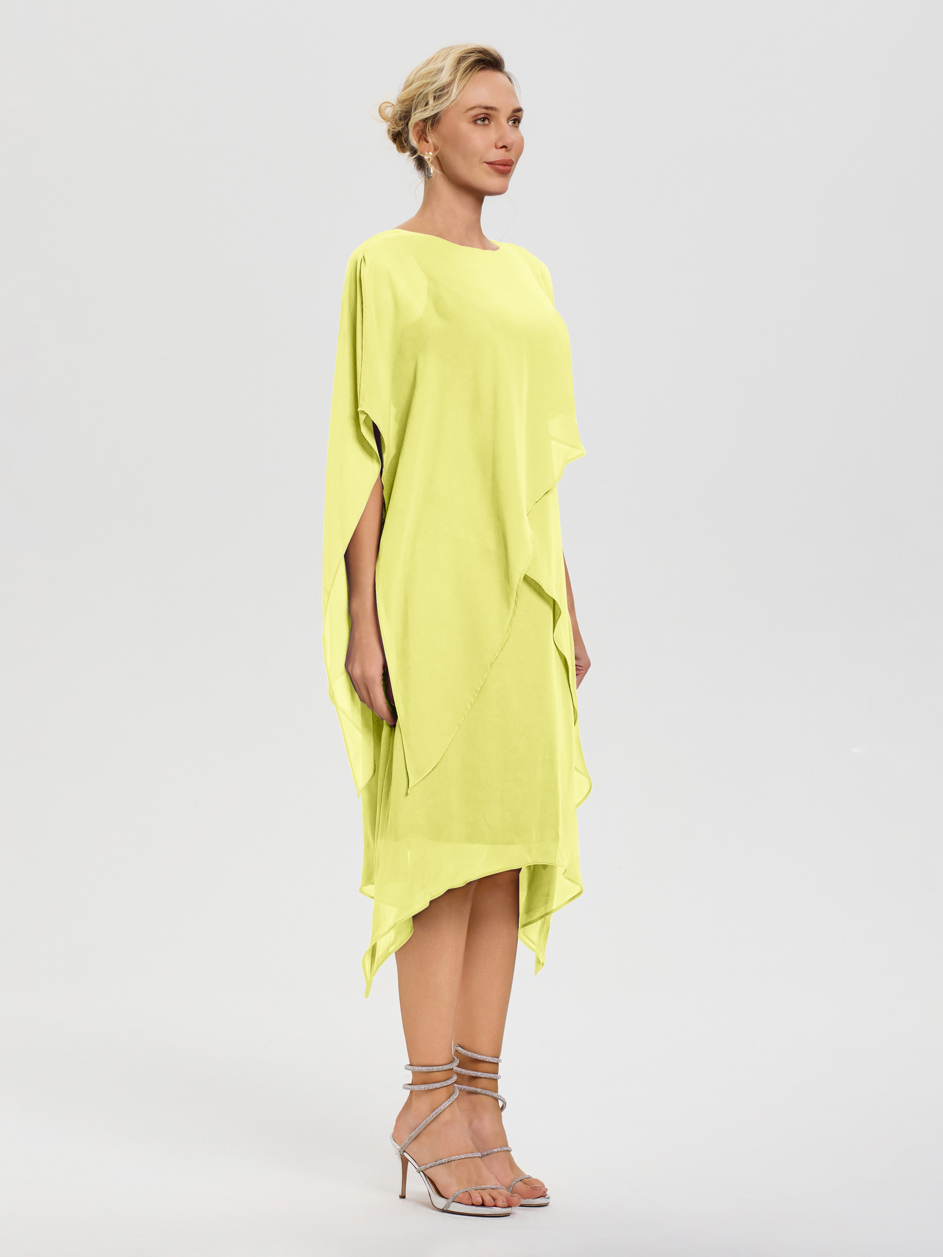 Robe De Mère De Mariée Jonquille Col Rond Mousseline Asymétrique Robe Mère Du Marié