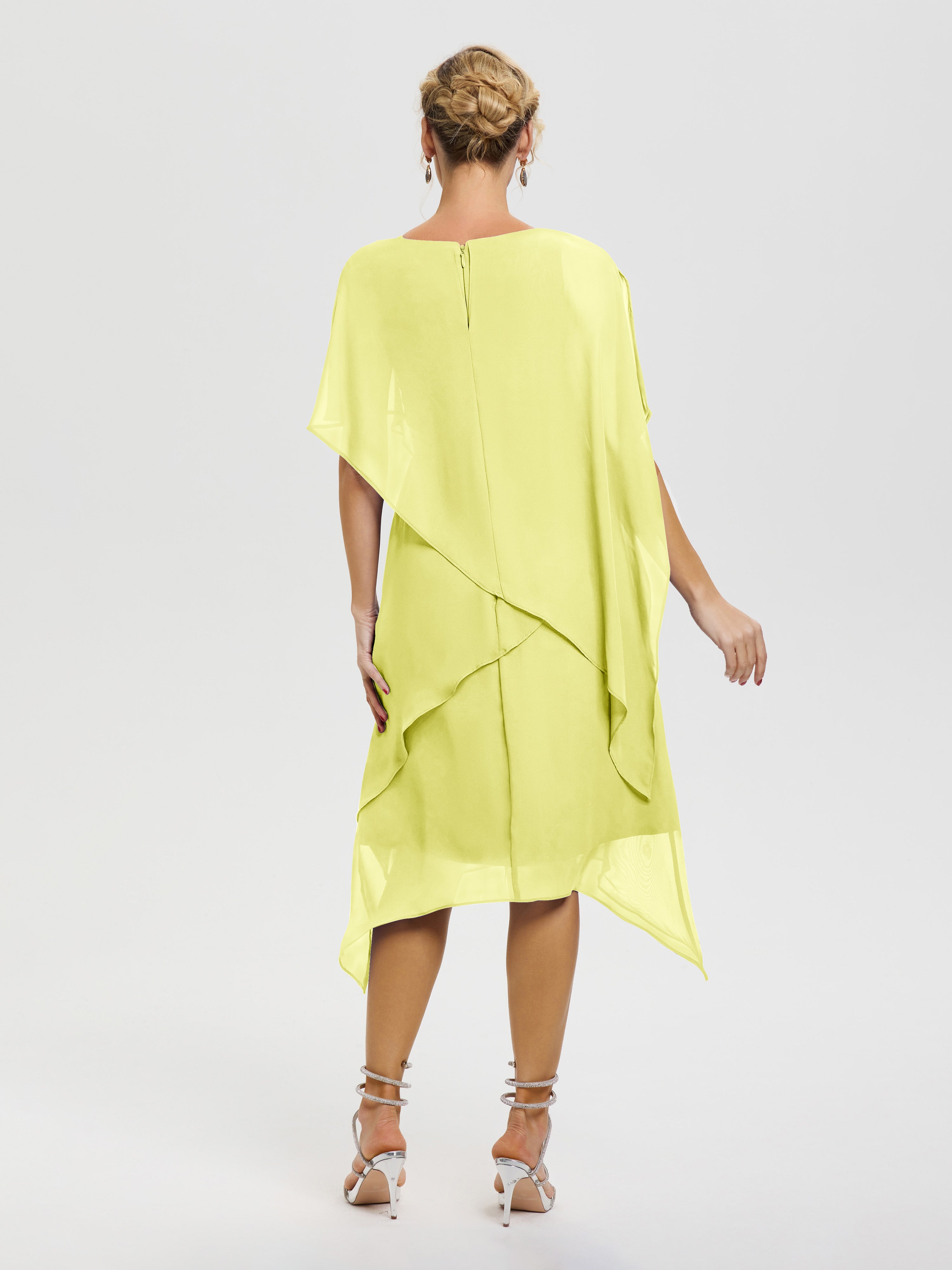 Robe De Mère De Mariée Jonquille Col Rond Mousseline Asymétrique Robe Mère Du Marié