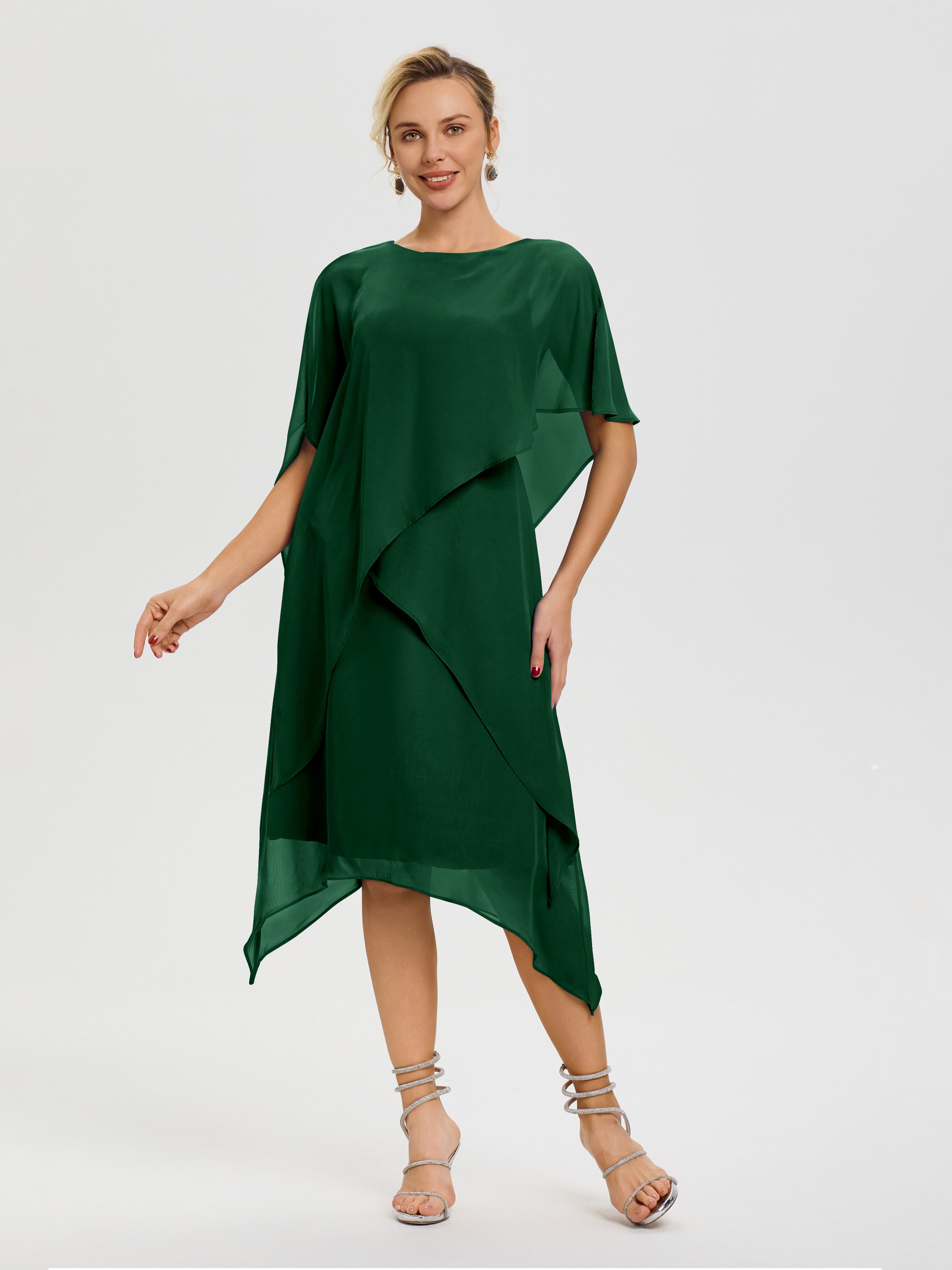 Robe Mère Mariee Vert Foncé Col Rond Mousseline Asymétrique Robe Mère Du Marié