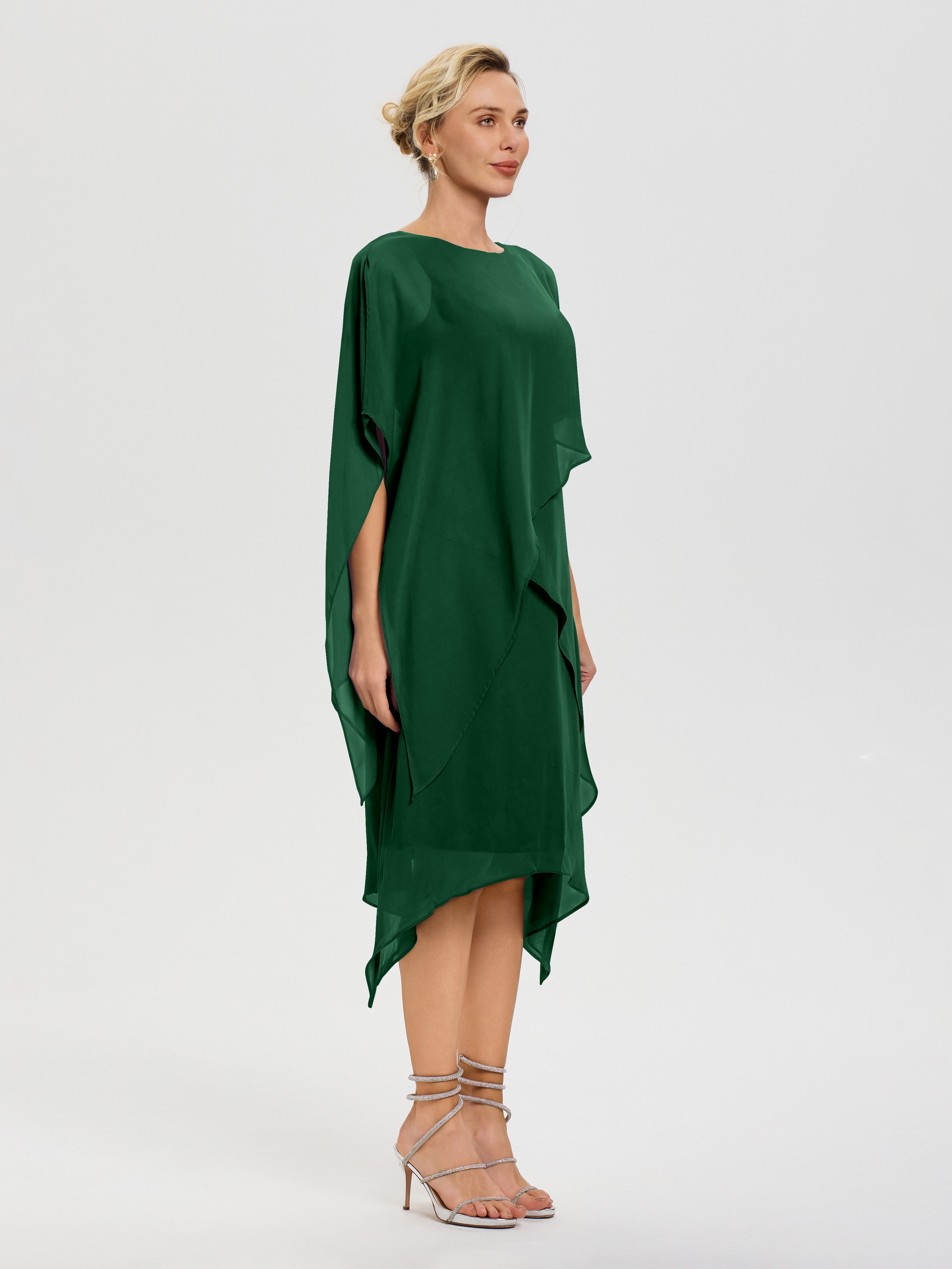 Robe Mère Mariee Vert Foncé Col Rond Mousseline Asymétrique Robe Mère Du Marié
