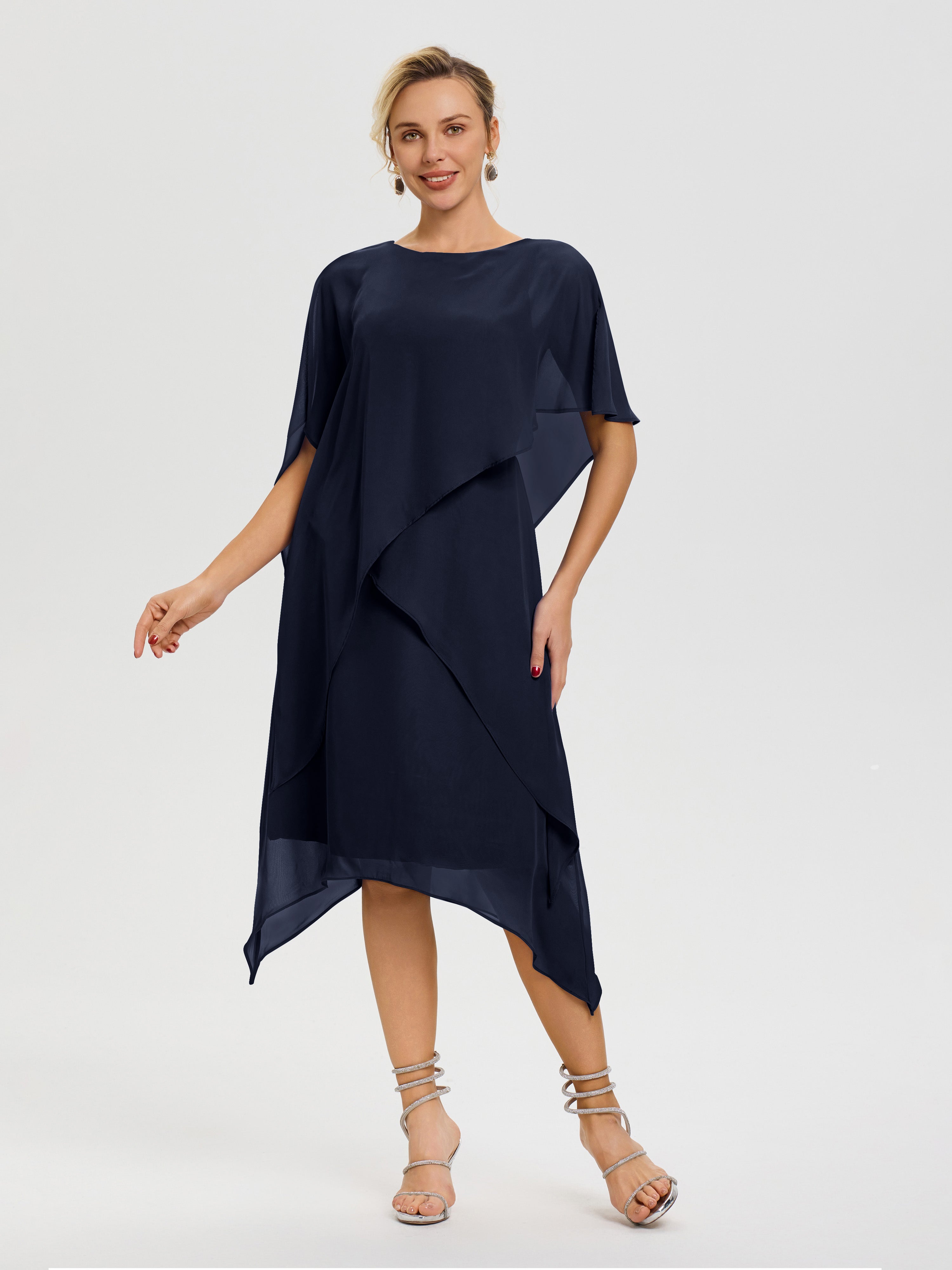 Robe Mere De La Mariee Bleu Marine Col Rond Mousseline Asymétrique Robe Mère Du Marié
