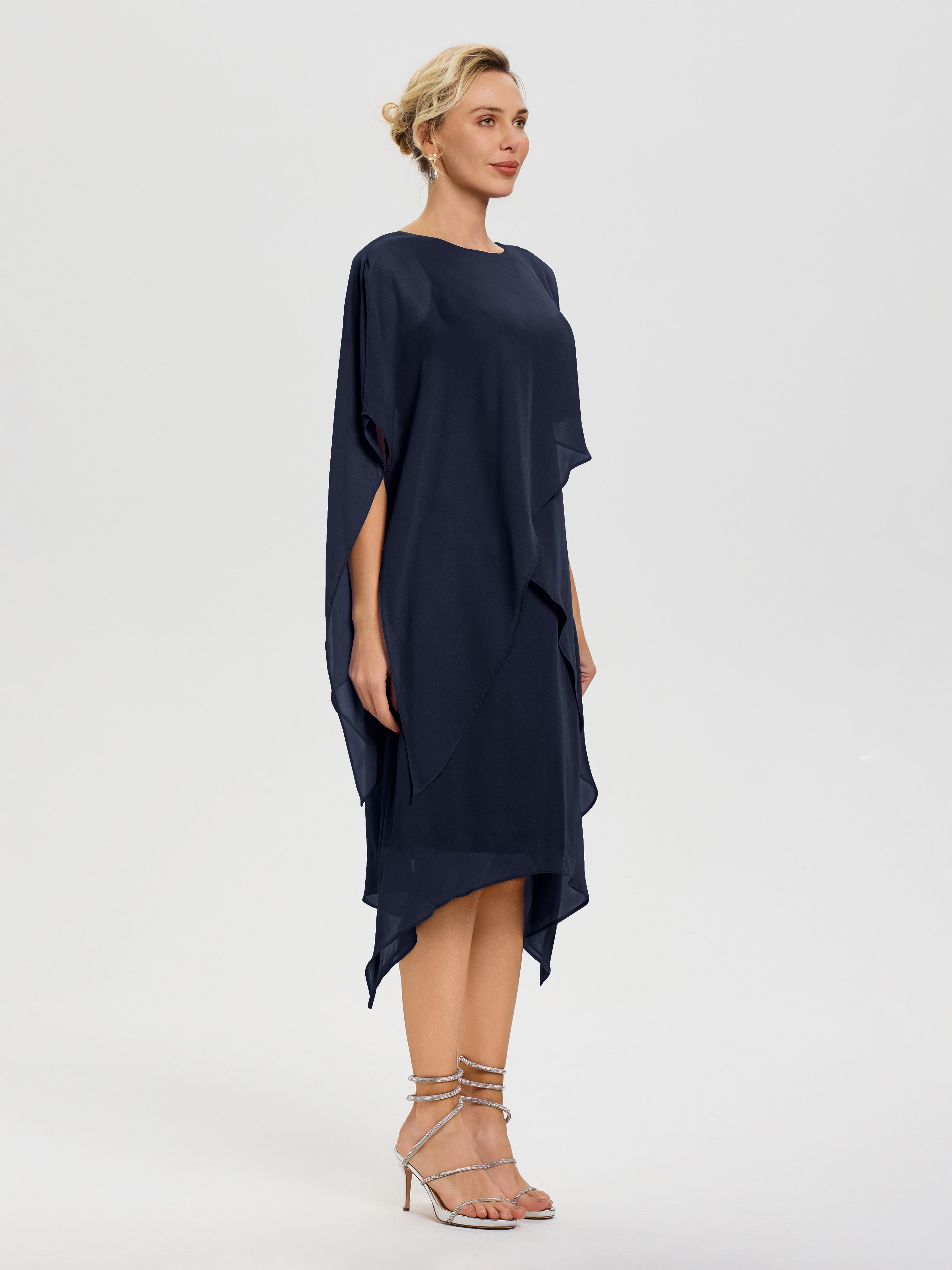 Robe Mere De La Mariee Bleu Marine Col Rond Mousseline Asymétrique Robe Mère Du Marié