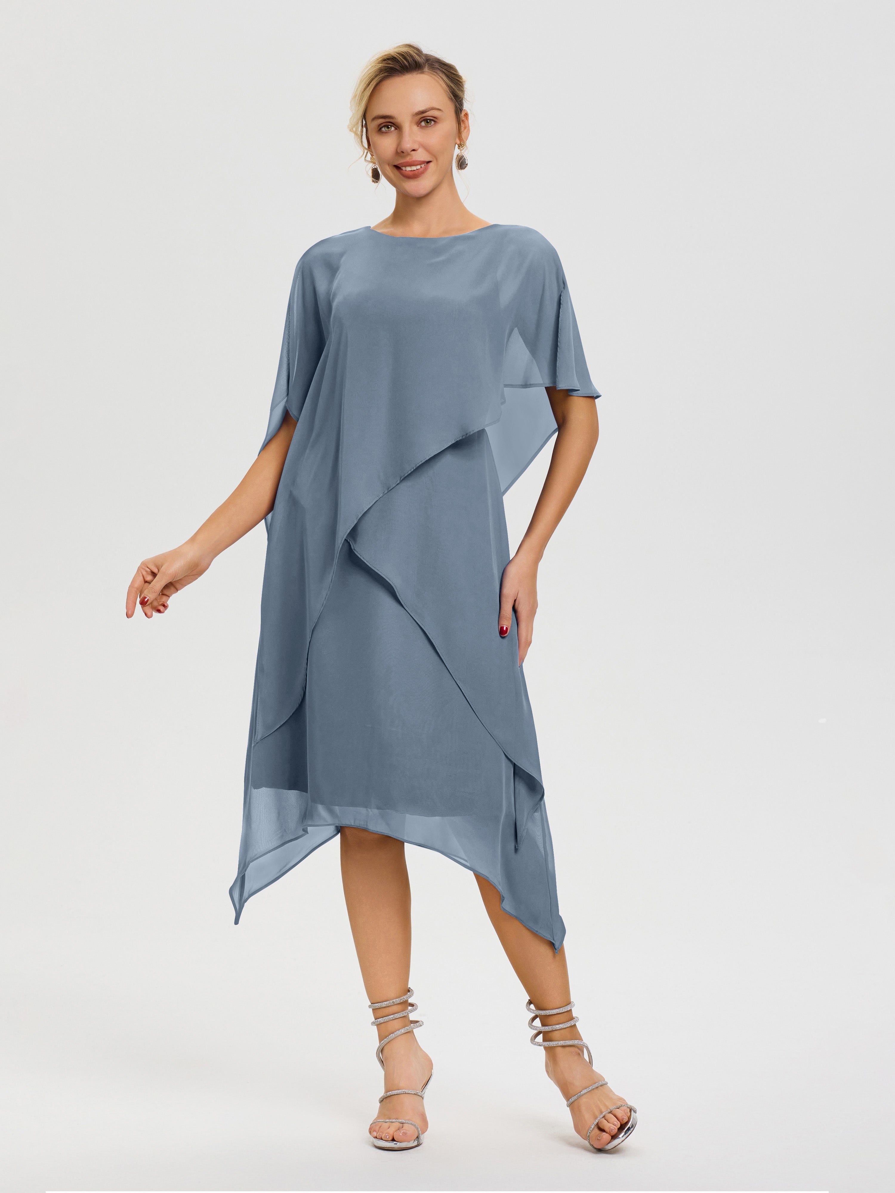 Robe De La Mère De La Mariée Bleu Poudré Col Rond Mousseline Asymétrique Robe Mère Du Marié