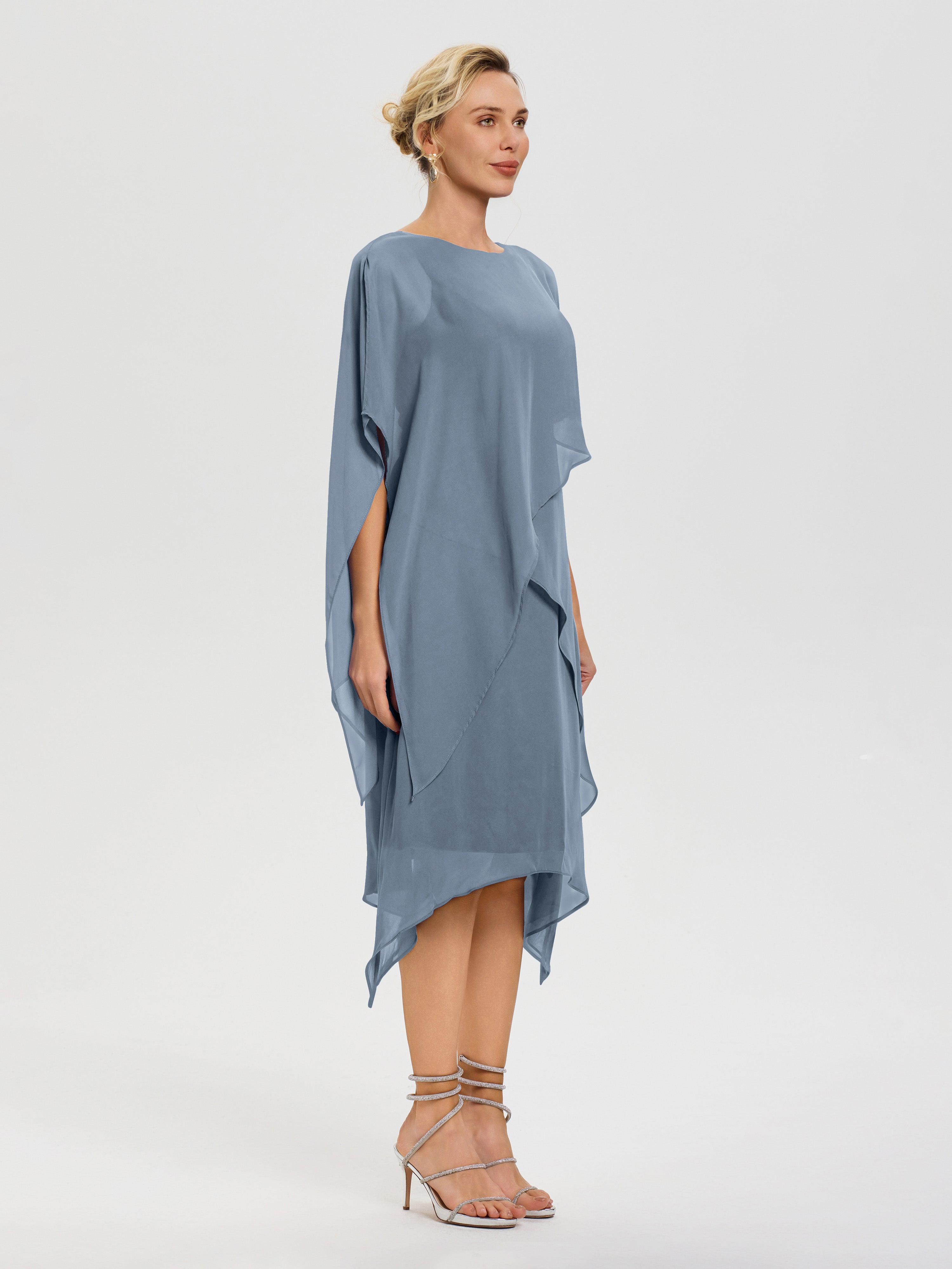 Robe De La Mère De La Mariée Bleu Poudré Col Rond Mousseline Asymétrique Robe Mère Du Marié
