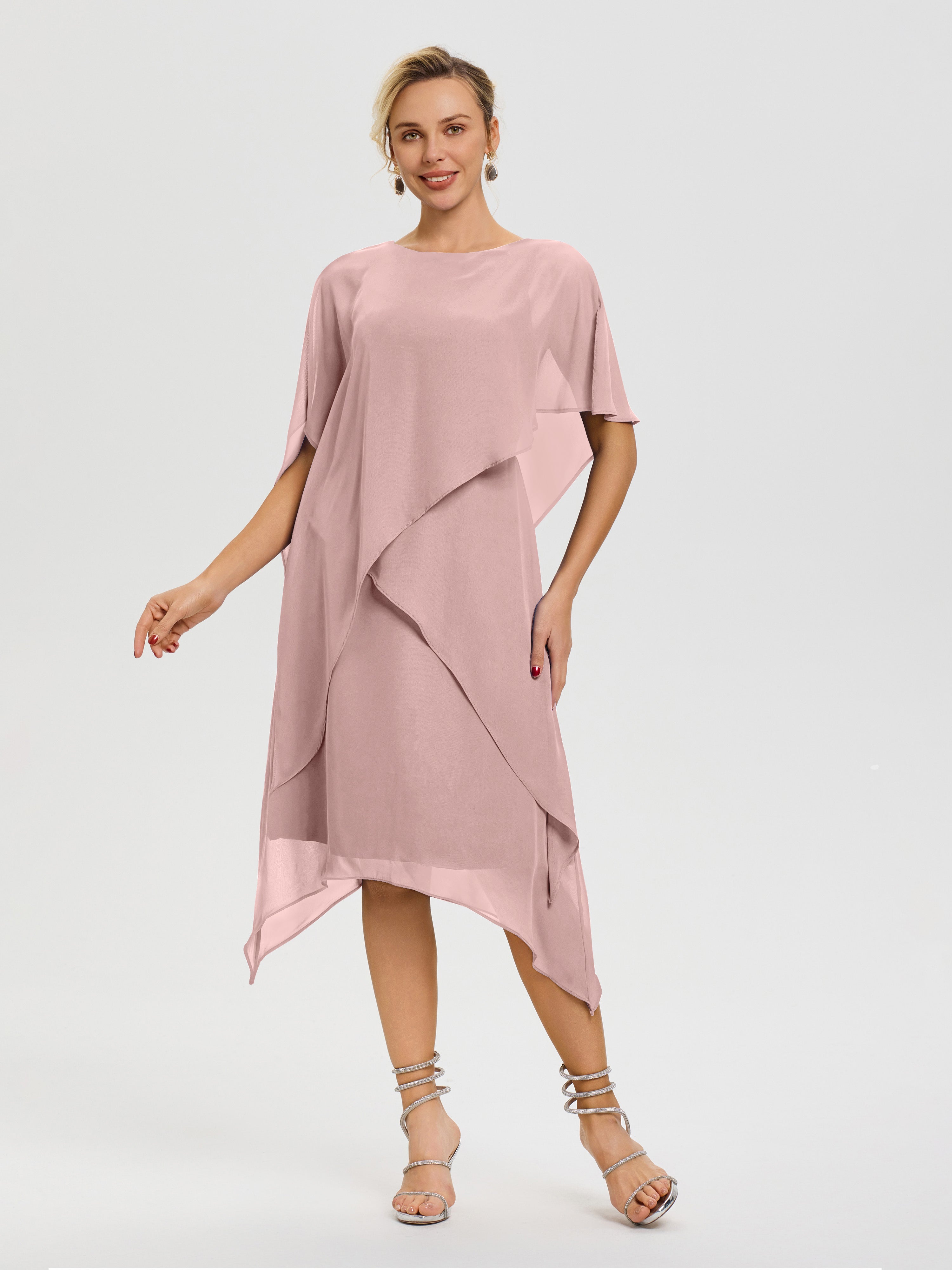 Robe Mere Dela Mariee Rose Poudré Col Rond Mousseline Asymétrique Robe Mère Du Marié