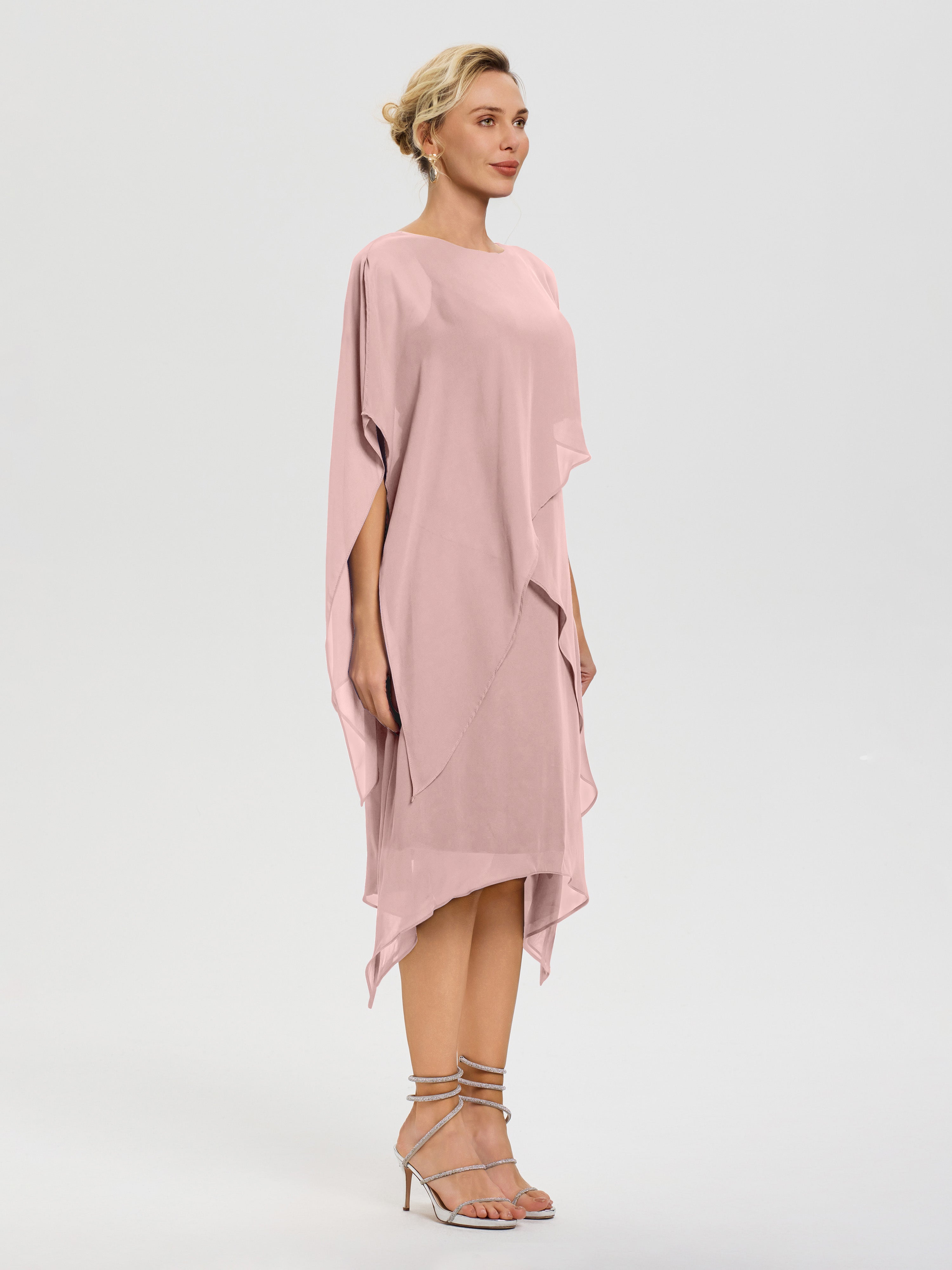 Robe Mere Dela Mariee Rose Poudré Col Rond Mousseline Asymétrique Robe Mère Du Marié
