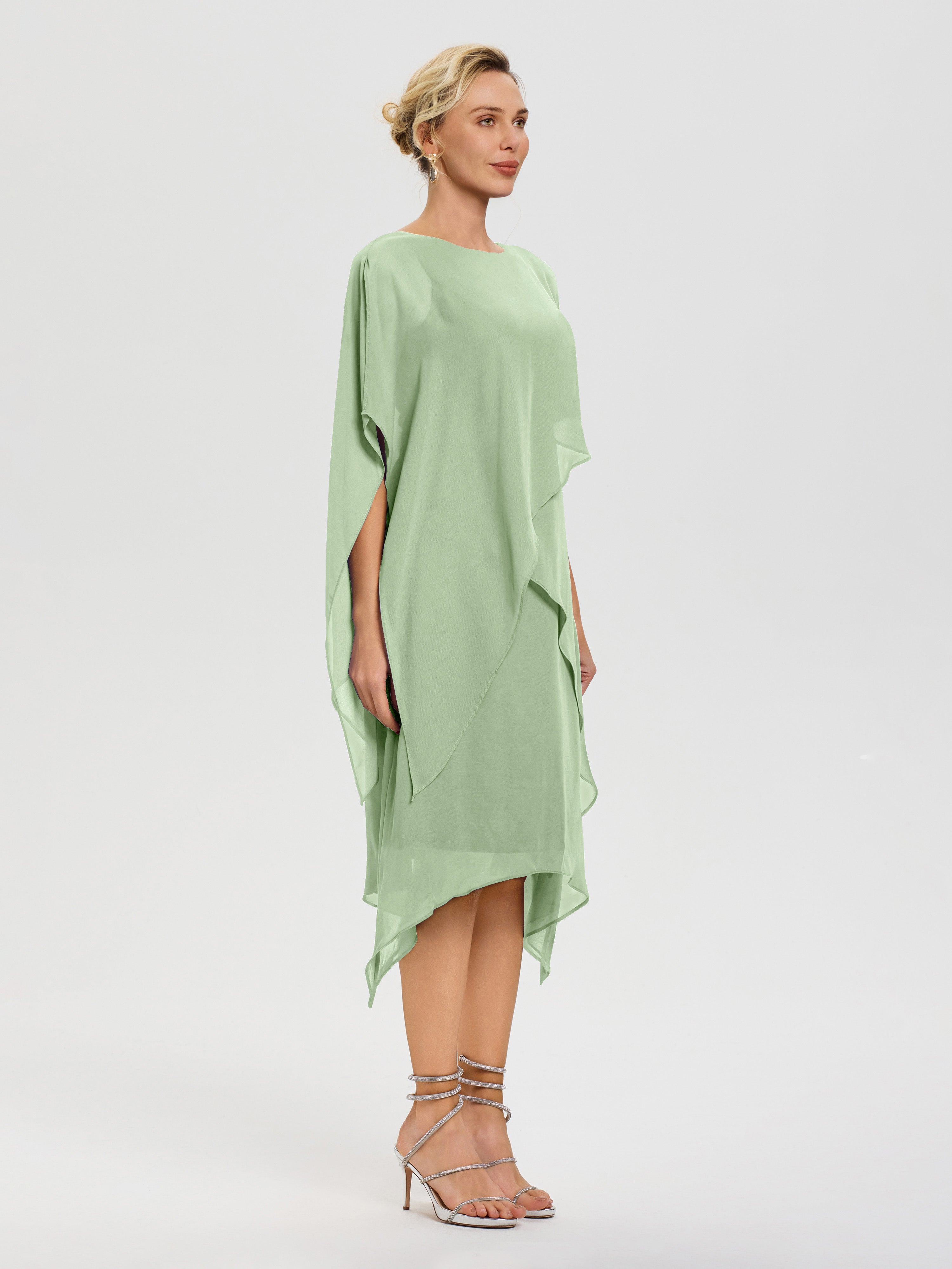 Robe Mère De La Mariee Sauge Poudrée Col Rond Mousseline Asymétrique Robe Mère Du Marié