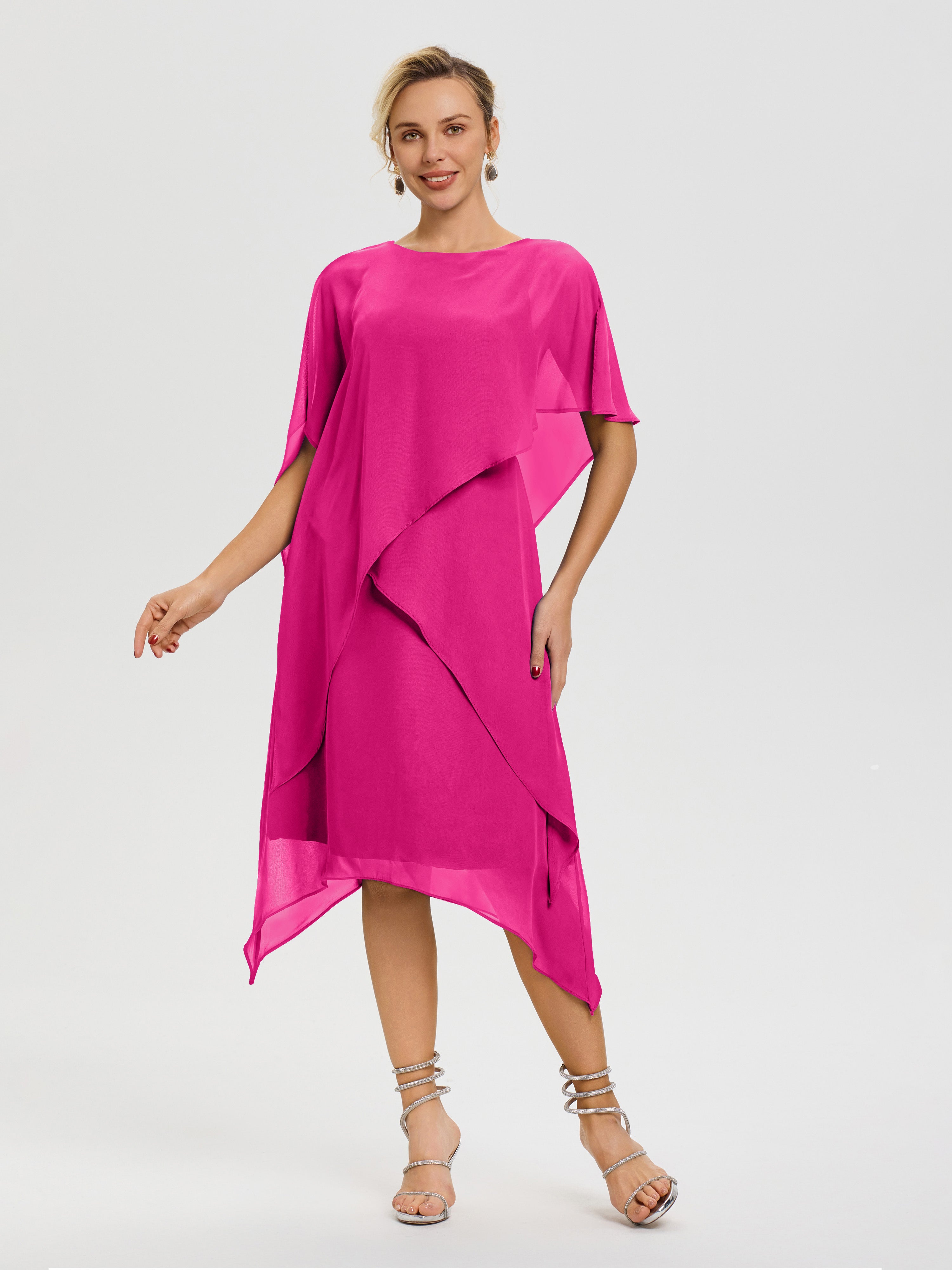 Robe De Mère De Mariée Fuchsia Col Rond Mousseline Asymétrique Robe Mère Du Marié