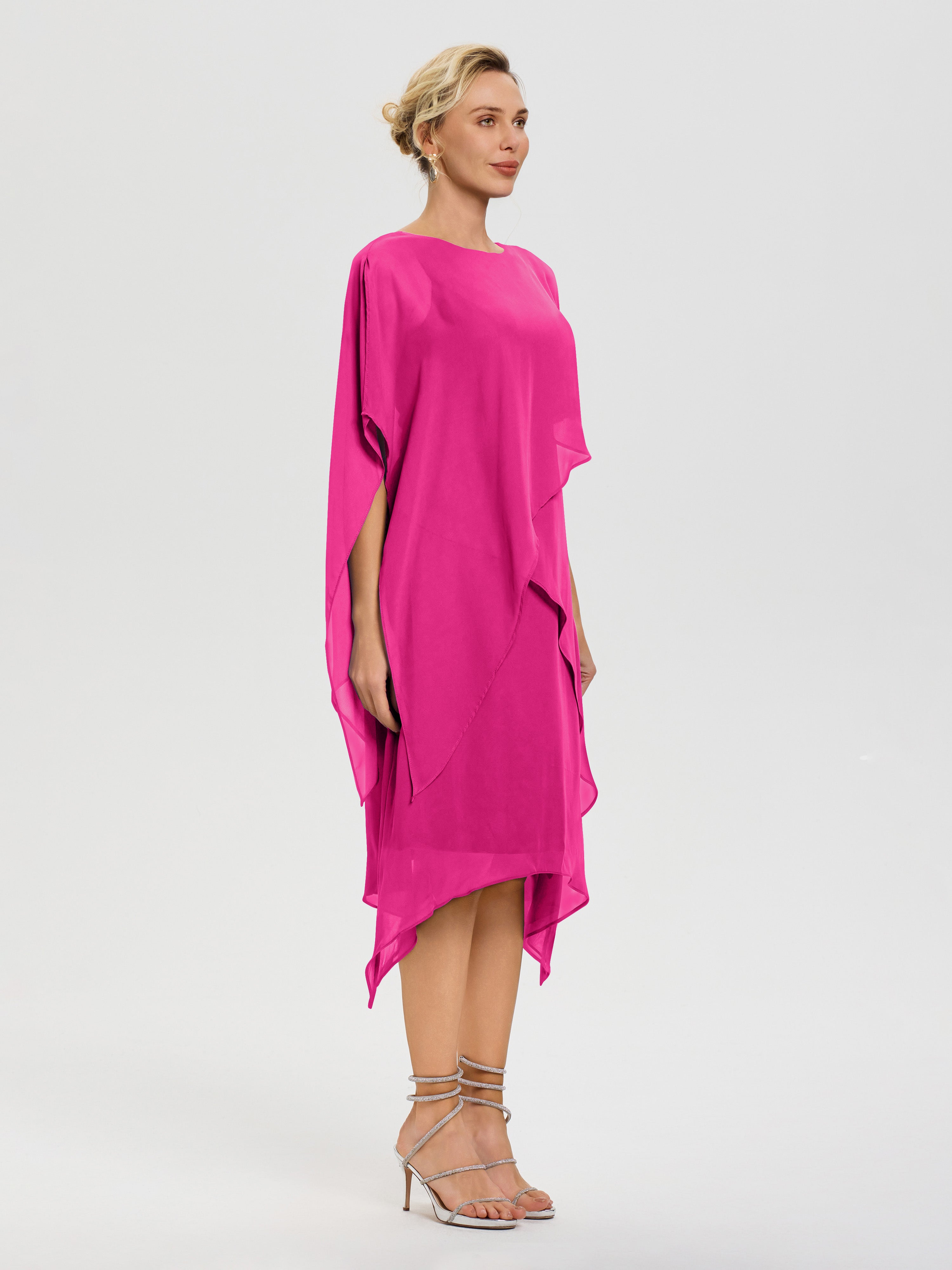 Robe De Mère De Mariée Fuchsia Col Rond Mousseline Asymétrique Robe Mère Du Marié
