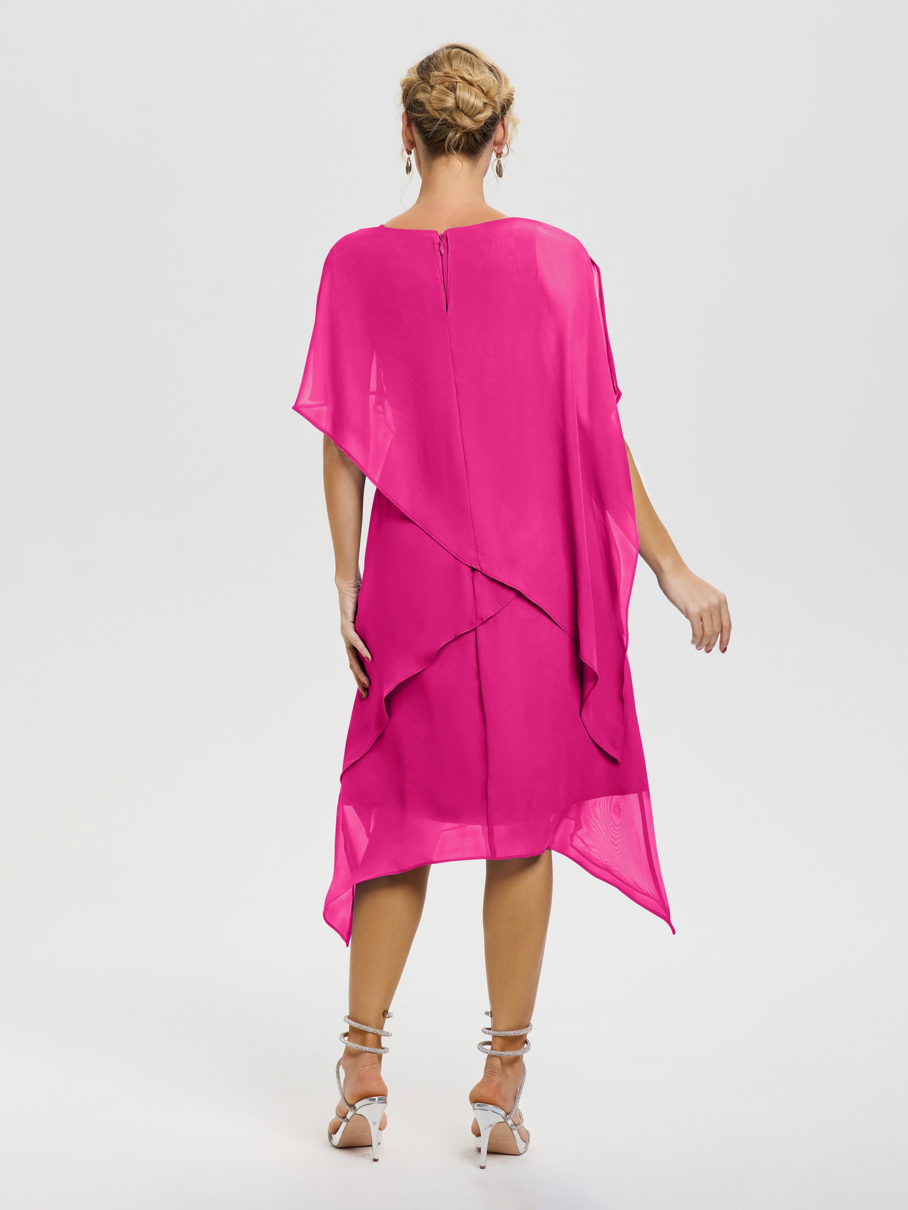 Robe De Mère De Mariée Fuchsia Col Rond Mousseline Asymétrique Robe Mère Du Marié