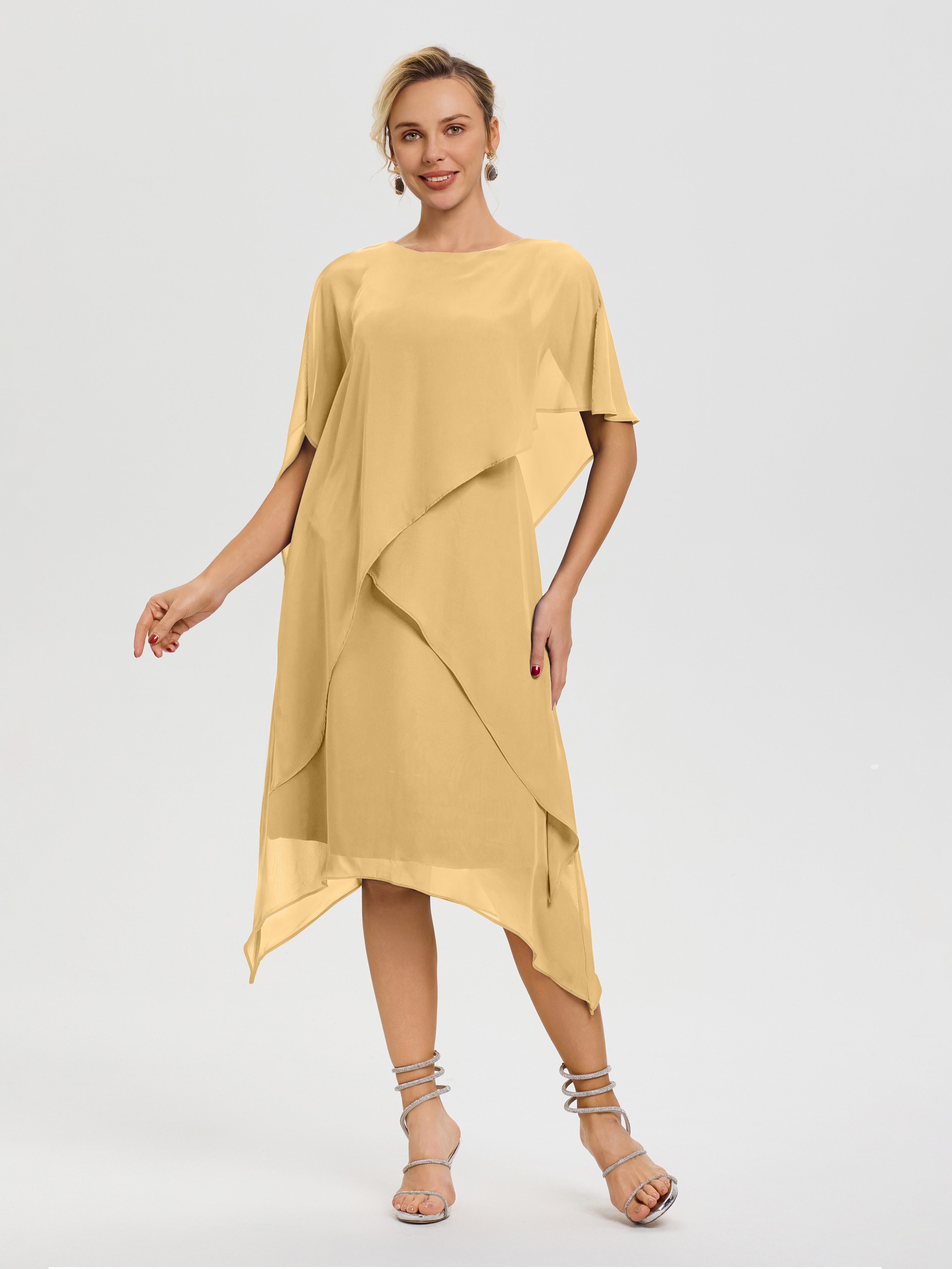 Robe De Mère De Mariée Or Col Rond Mousseline Asymétrique Robe Mère Du Marié