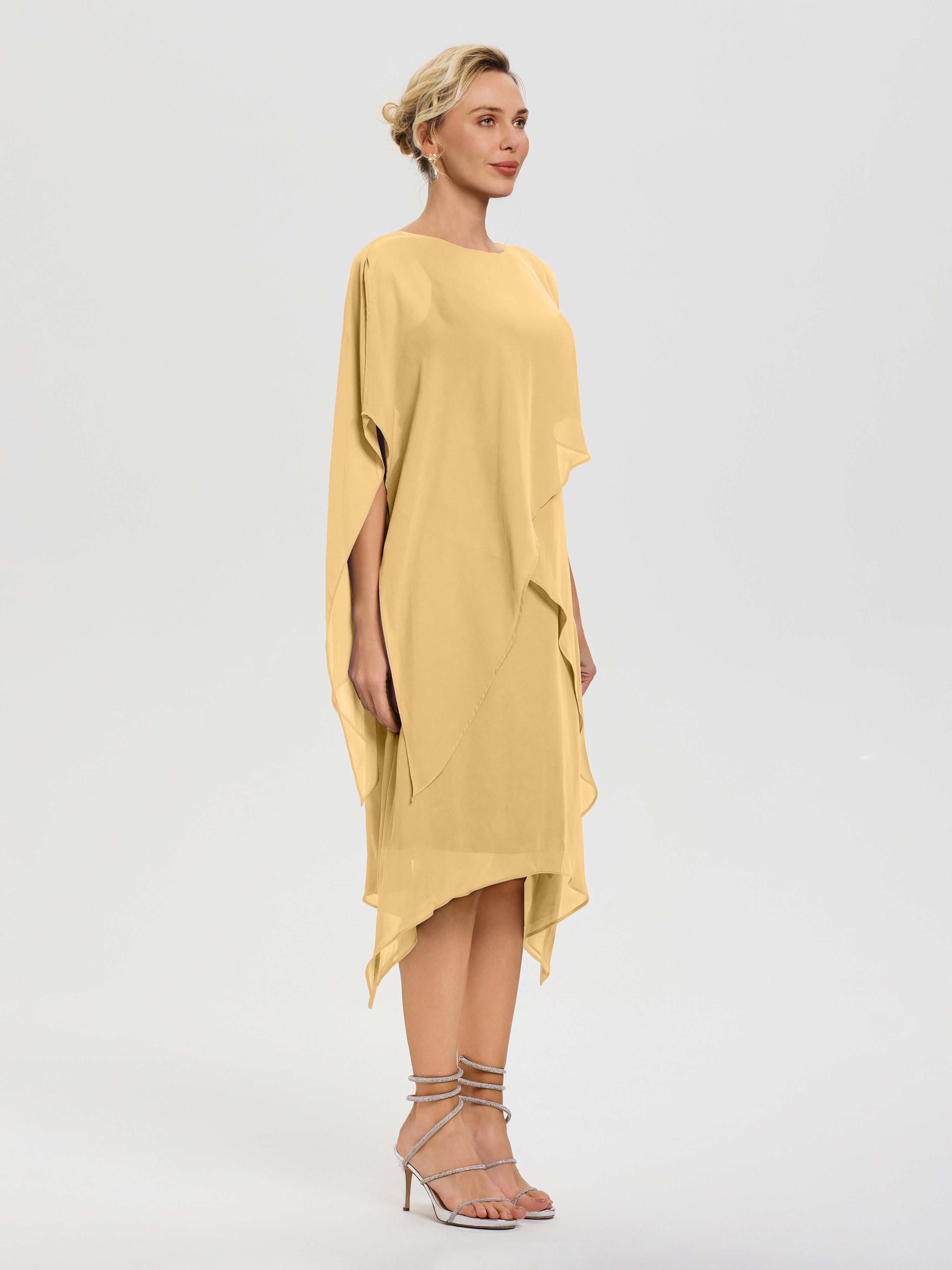 Robe De Mère De Mariée Or Col Rond Mousseline Asymétrique Robe Mère Du Marié