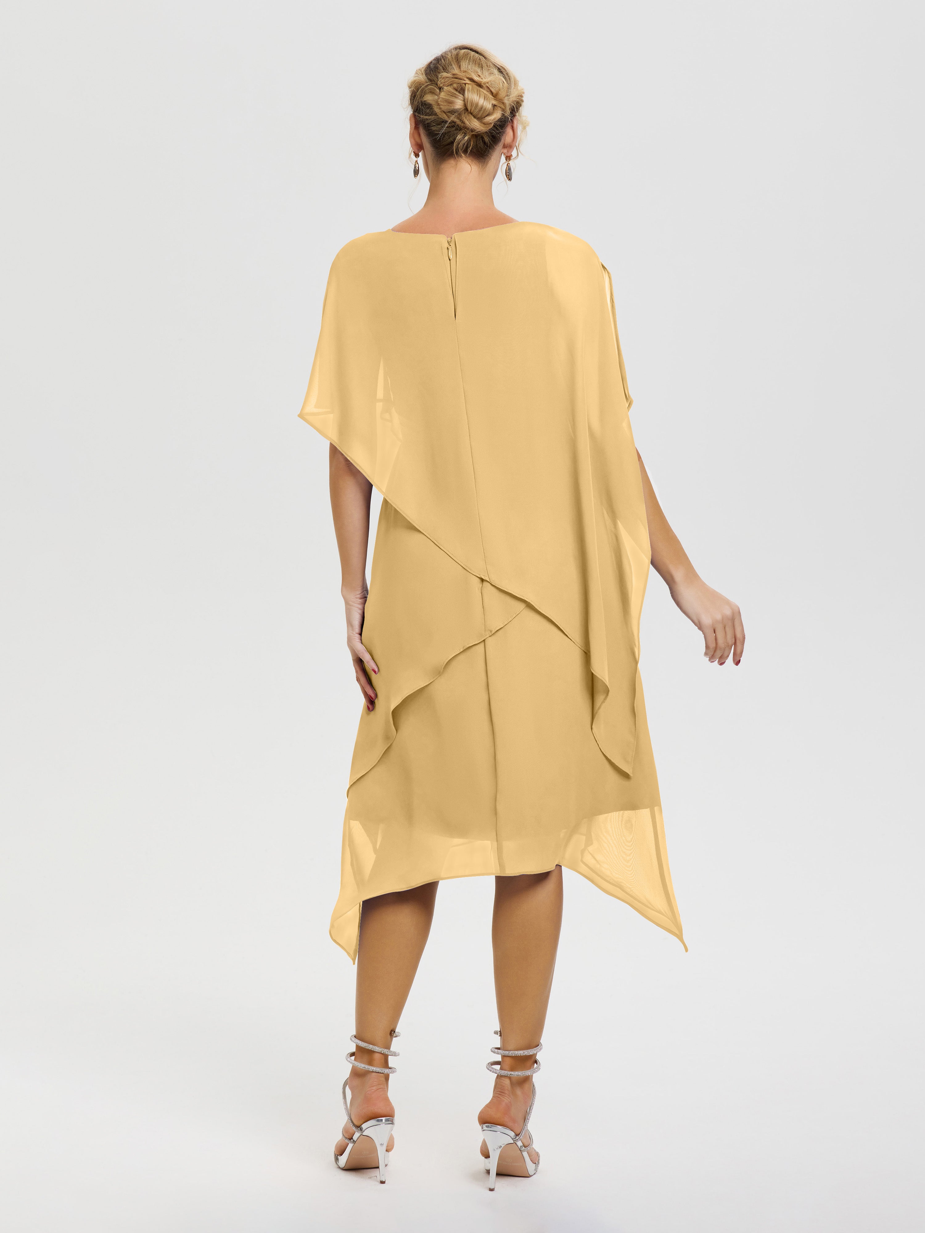 Robe De Mère De Mariée Or Col Rond Mousseline Asymétrique Robe Mère Du Marié
