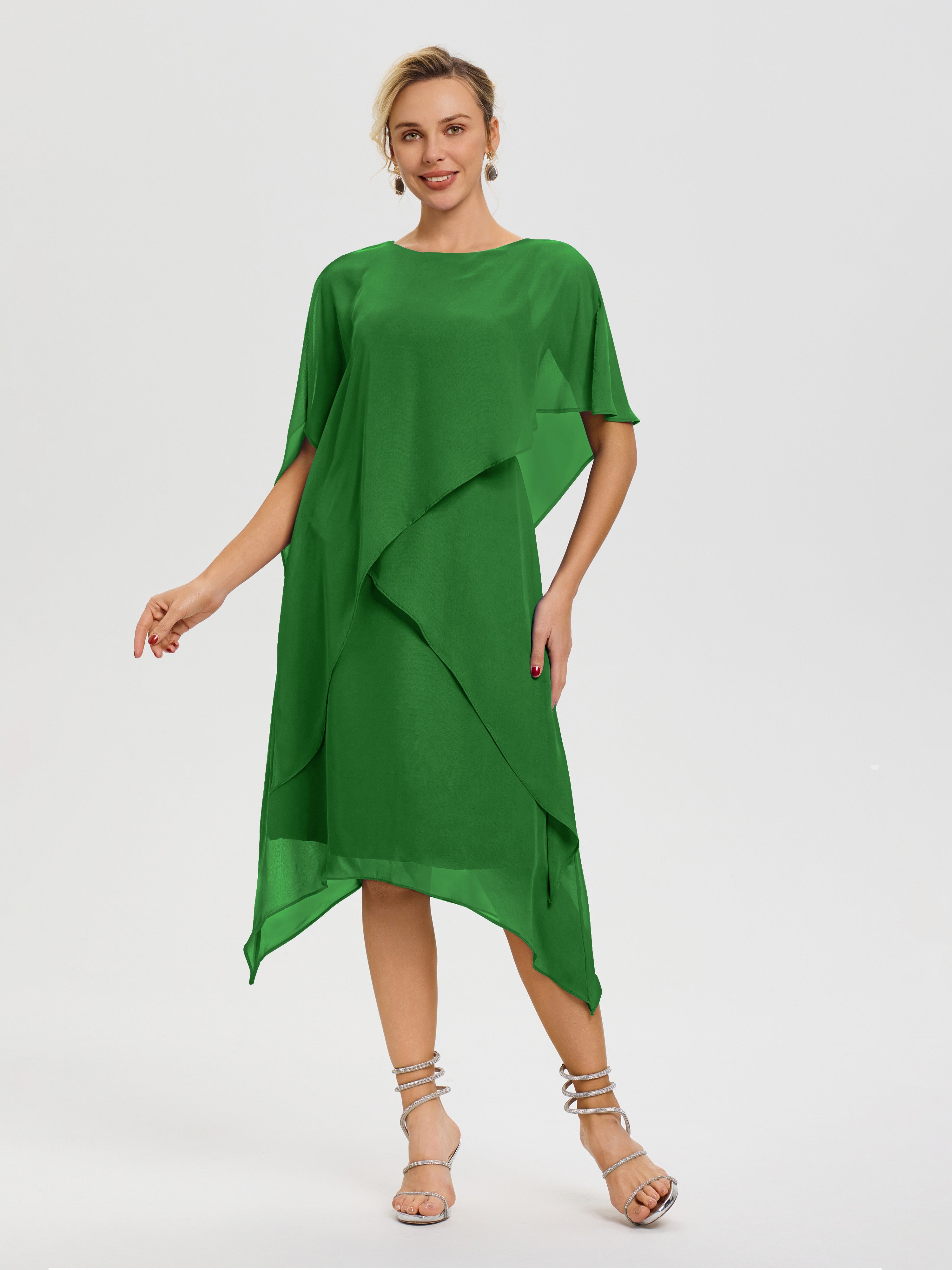 Robe Mere De La Mariee Verte Col Rond Mousseline Asymétrique Robe Mère Du Marié