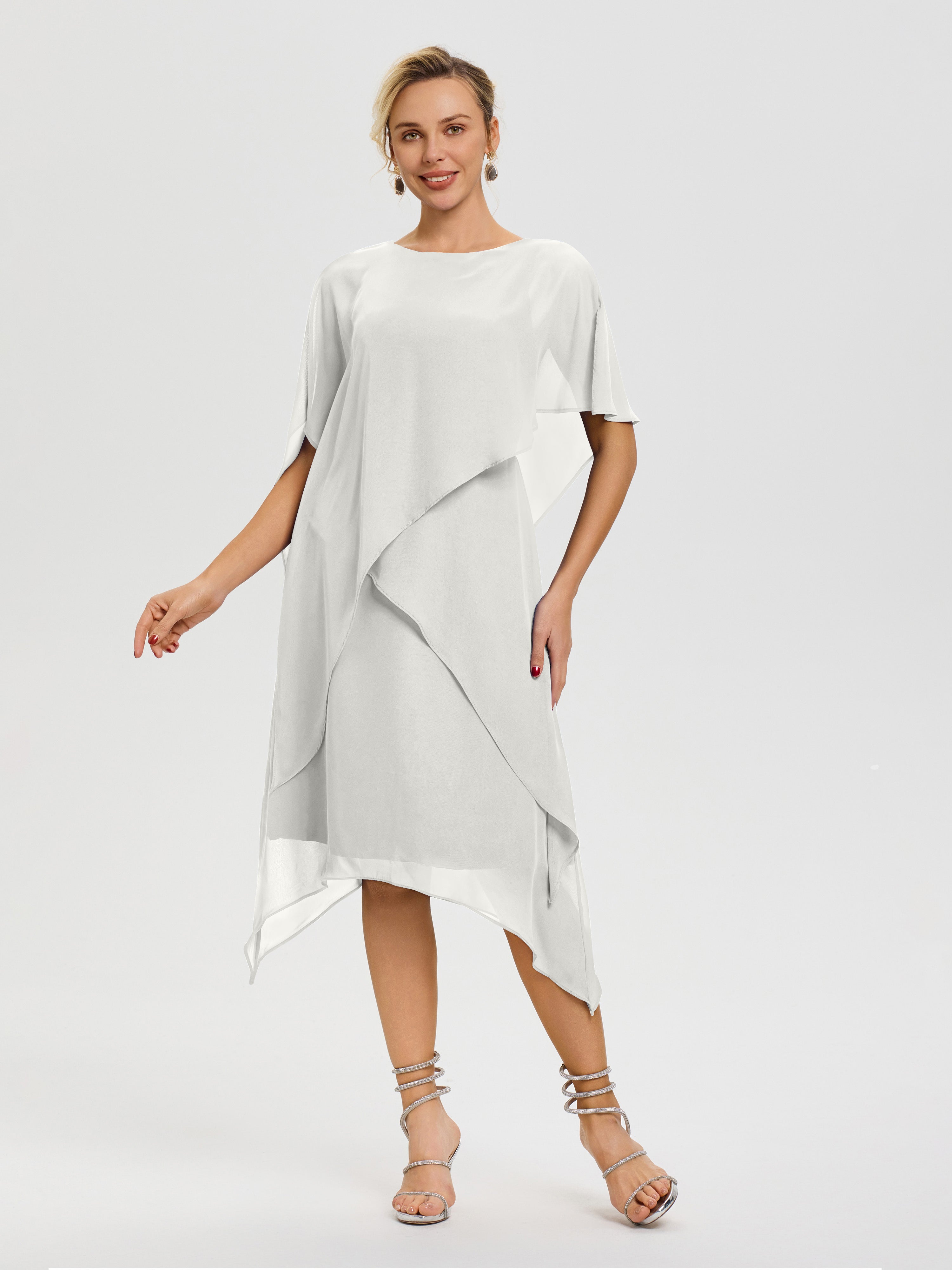 Robe De Mère De Mariée Ivoire Col Rond Mousseline Asymétrique Robe Mère Du Marié