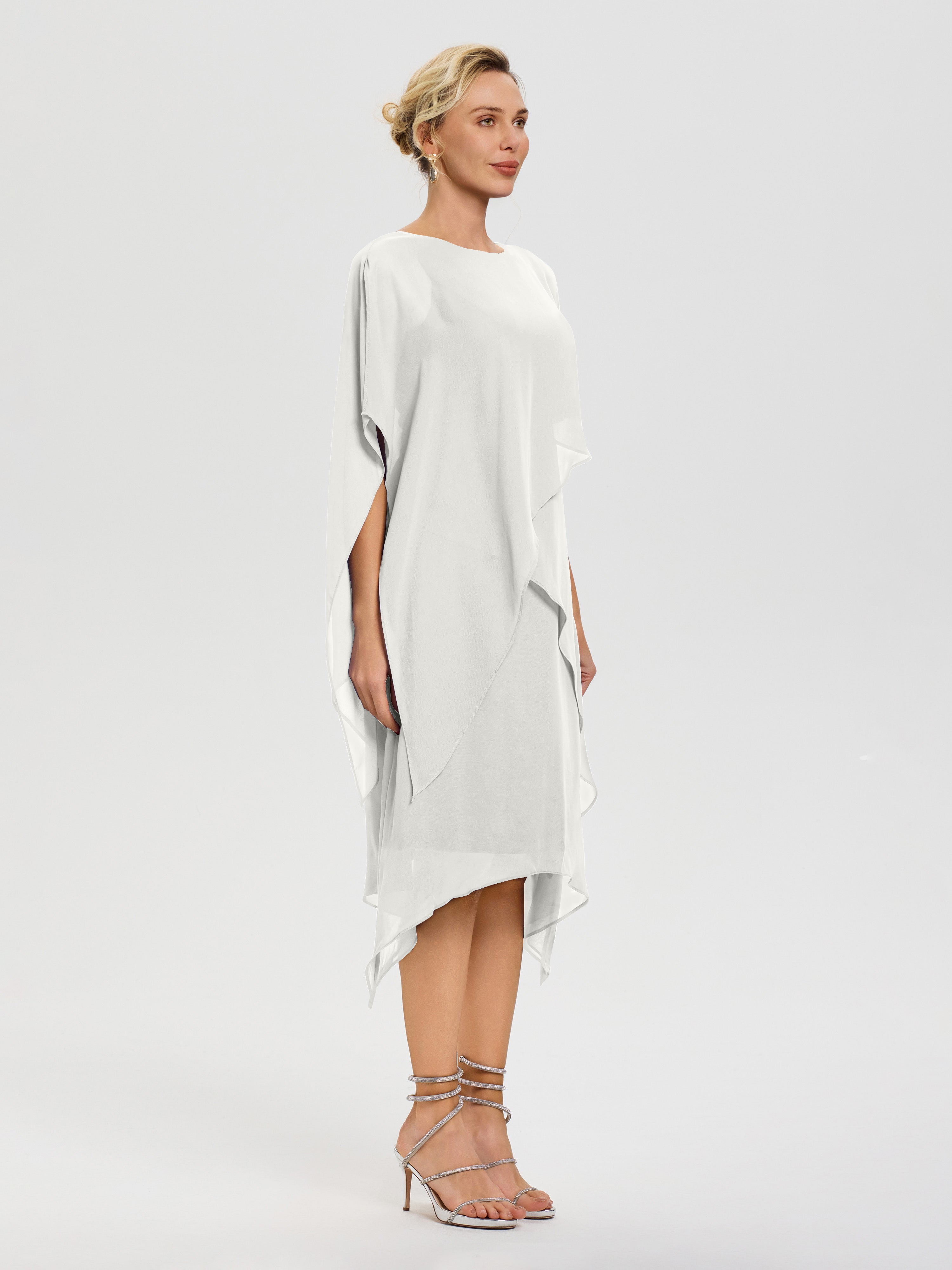 Robe De Mère De Mariée Ivoire Col Rond Mousseline Asymétrique Robe Mère Du Marié
