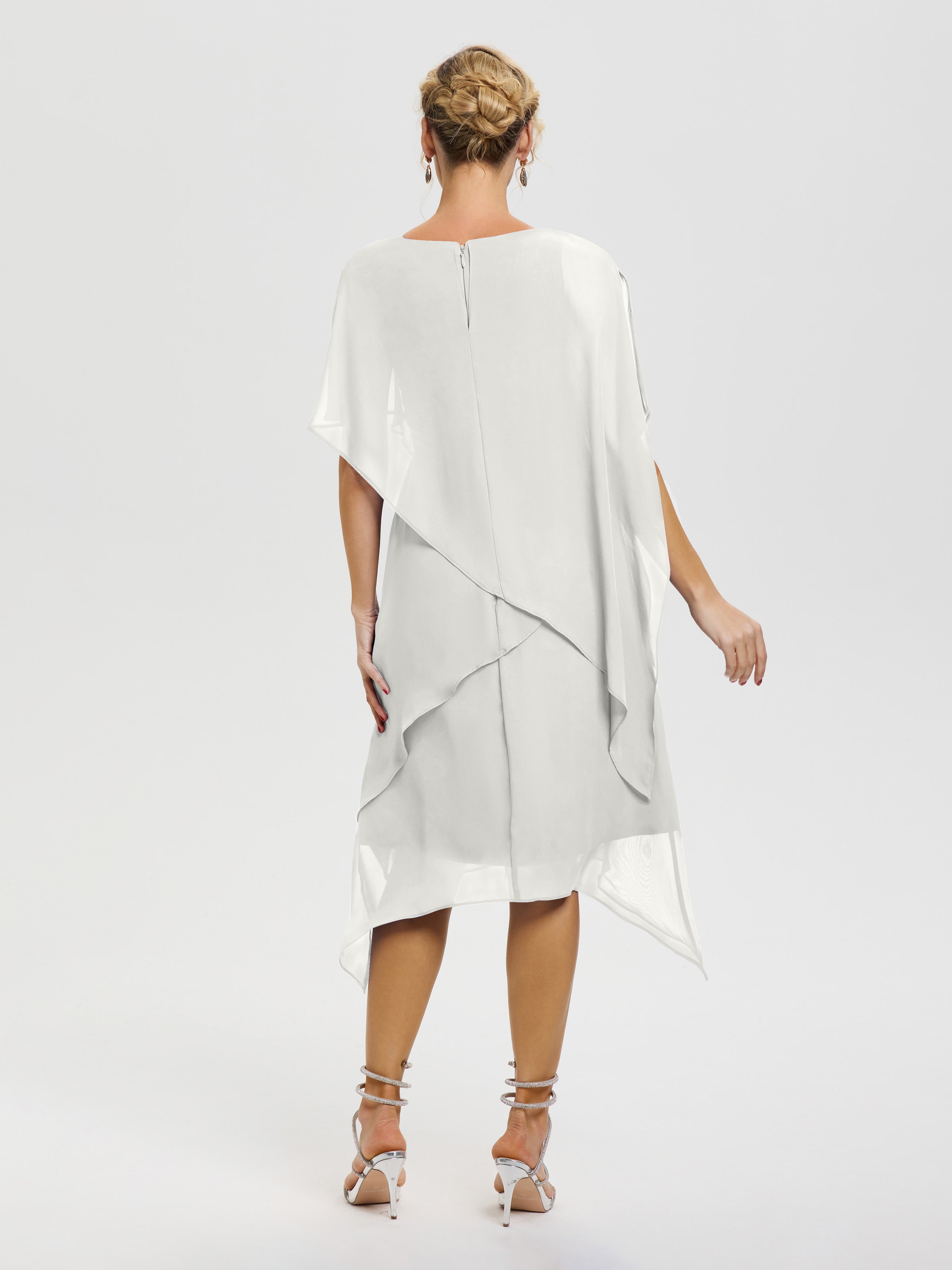 Robe De Mère De Mariée Ivoire Col Rond Mousseline Asymétrique Robe Mère Du Marié