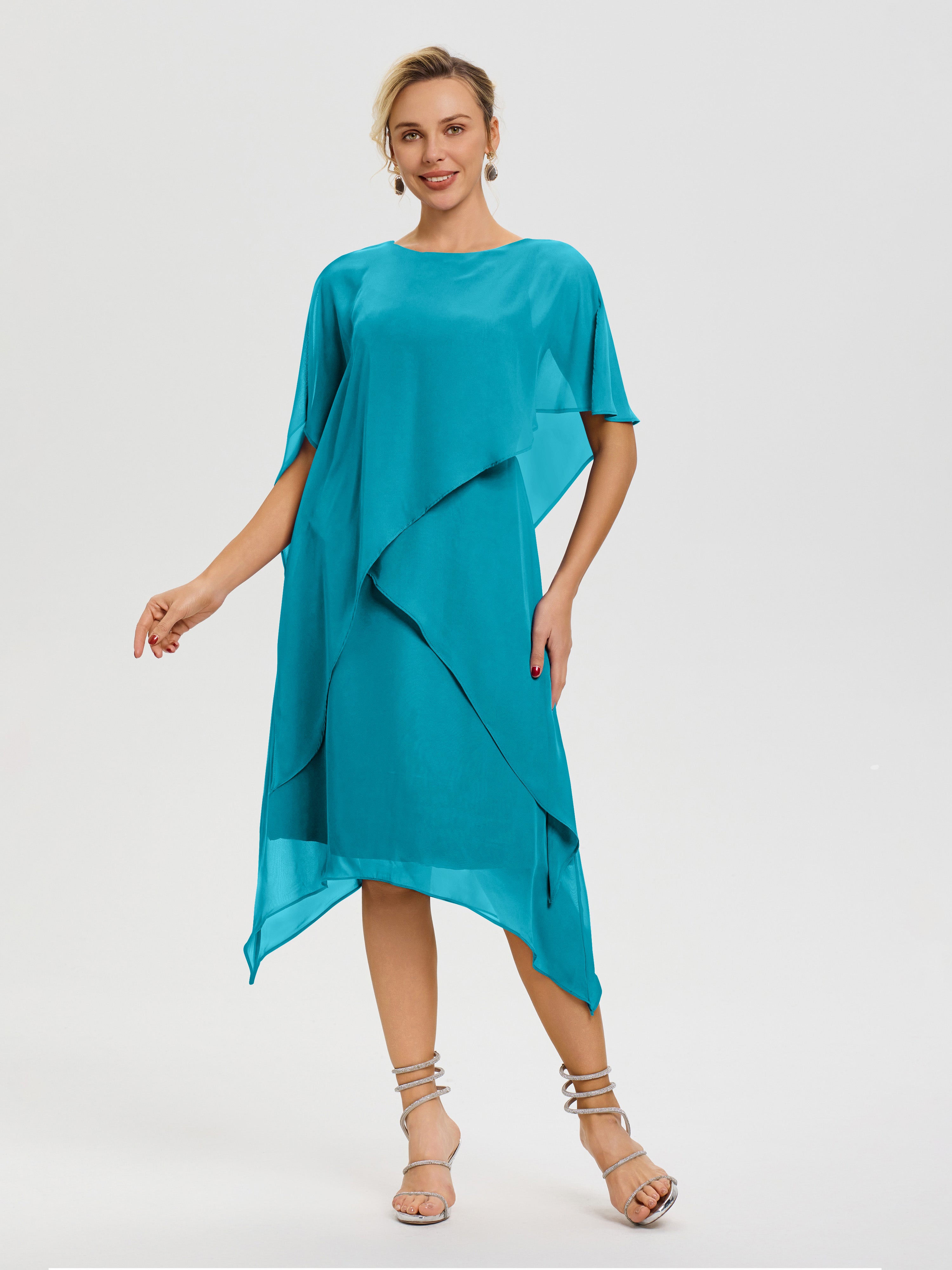 Robe De Mère De Mariée Jade Col Rond Mousseline Asymétrique Robe Mère Du Marié