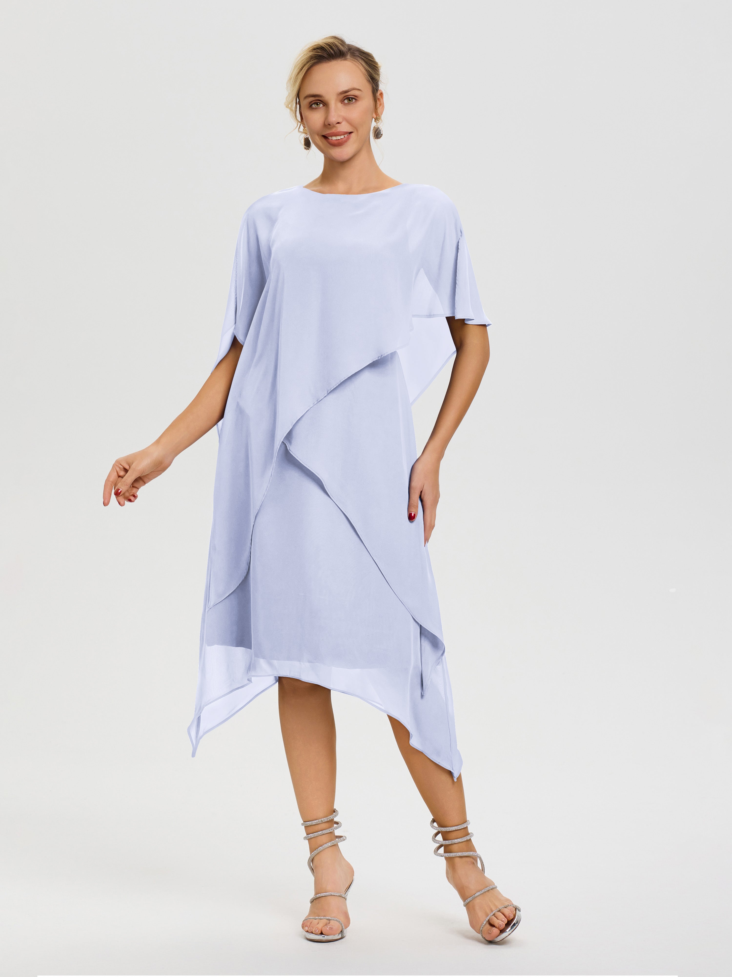 Robe De Mère De Mariée Lavande Col Rond Mousseline Asymétrique Robe Mère Du Marié