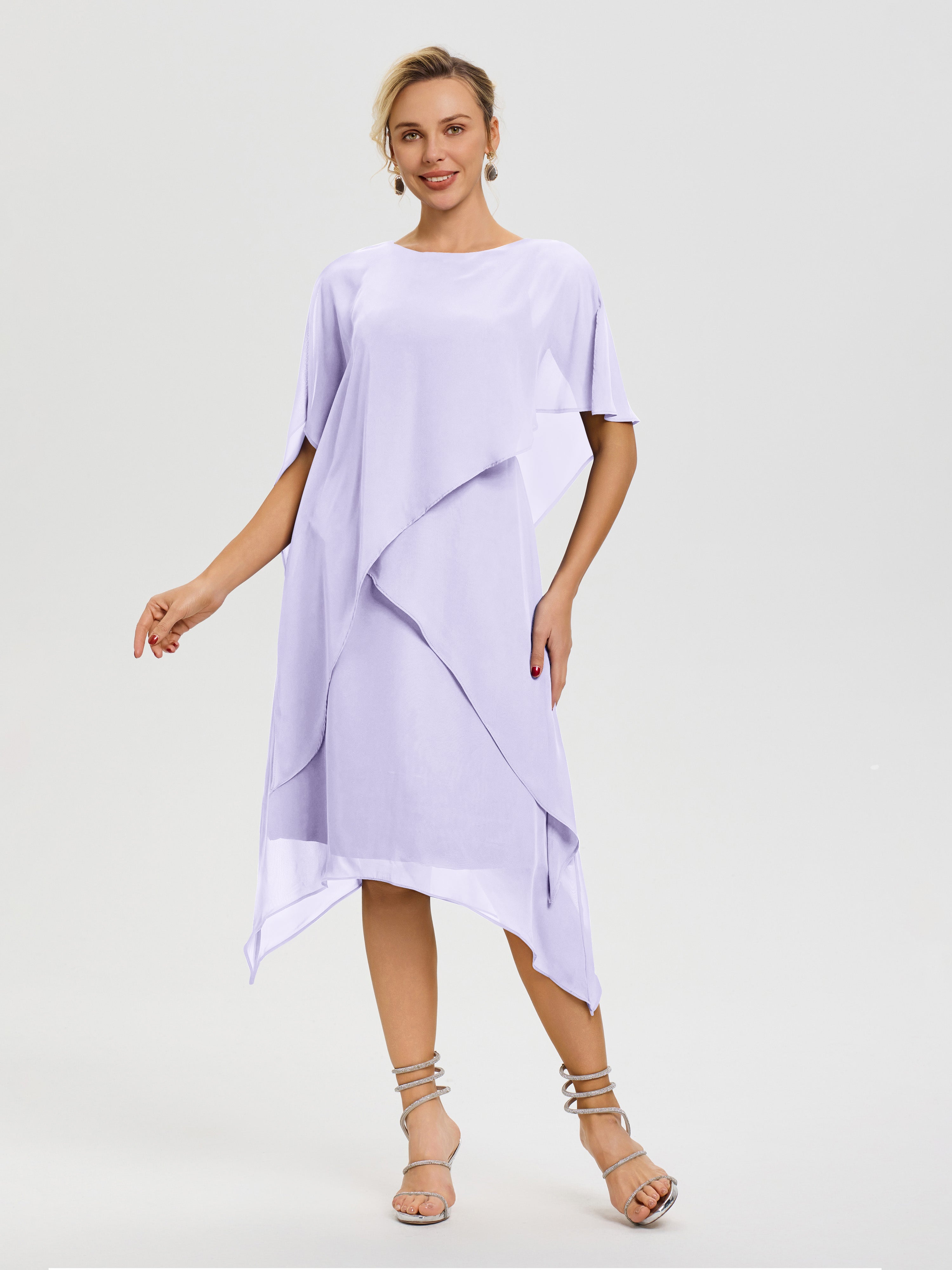 Robe De Mère De Mariée Lilas Col Rond Mousseline Asymétrique Robe Mère Du Marié