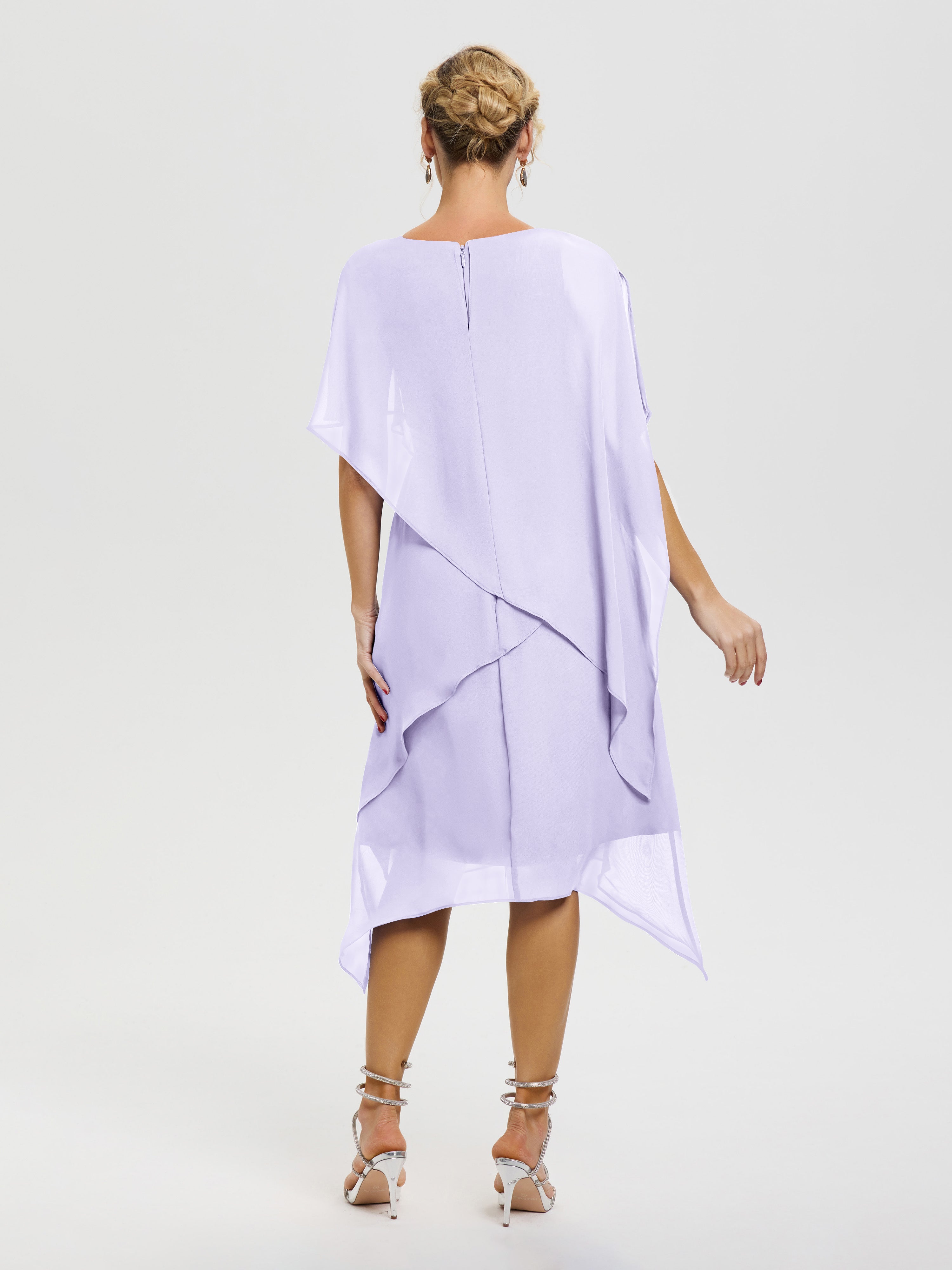 Robe De Mère De Mariée Lilas Col Rond Mousseline Asymétrique Robe Mère Du Marié