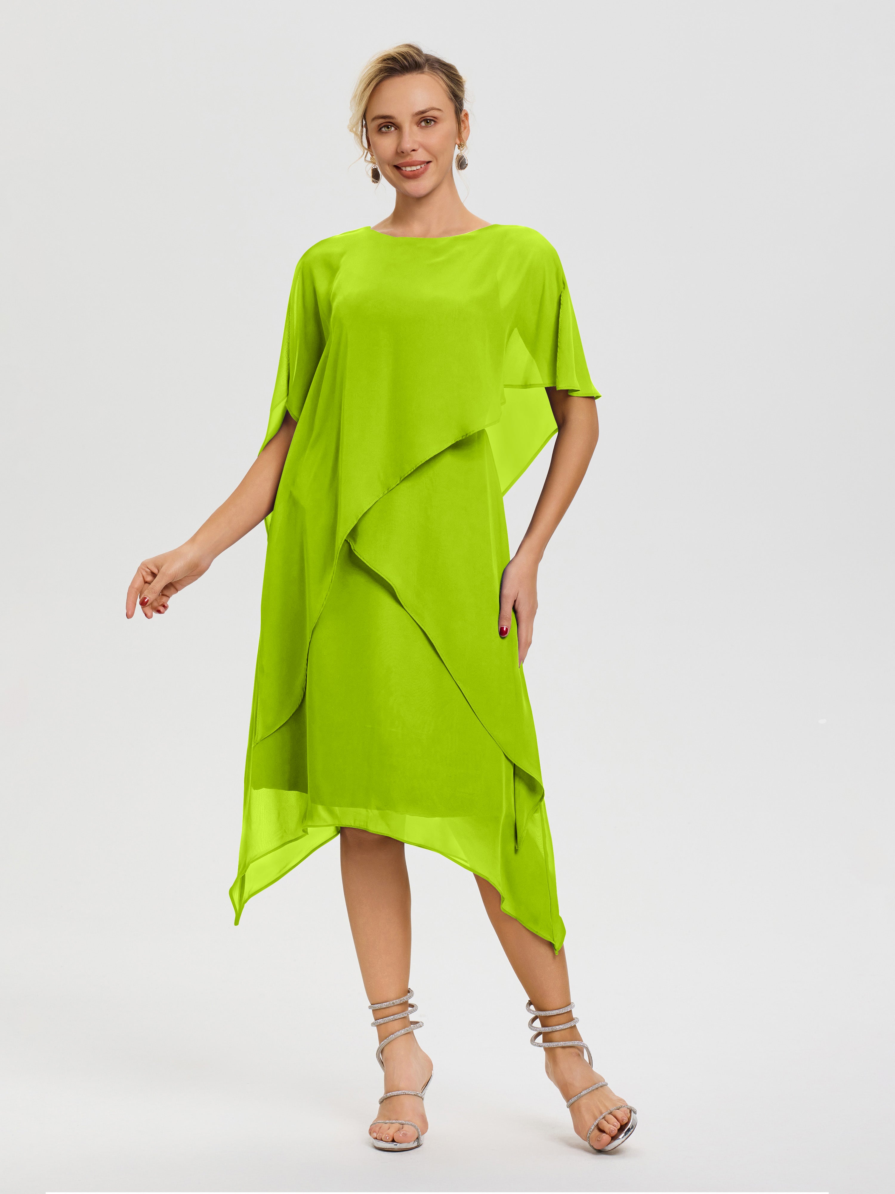 Robes Pour La Mère De La Mariée Vert Citron Col Rond Mousseline Asymétrique Robe Mère Du Marié