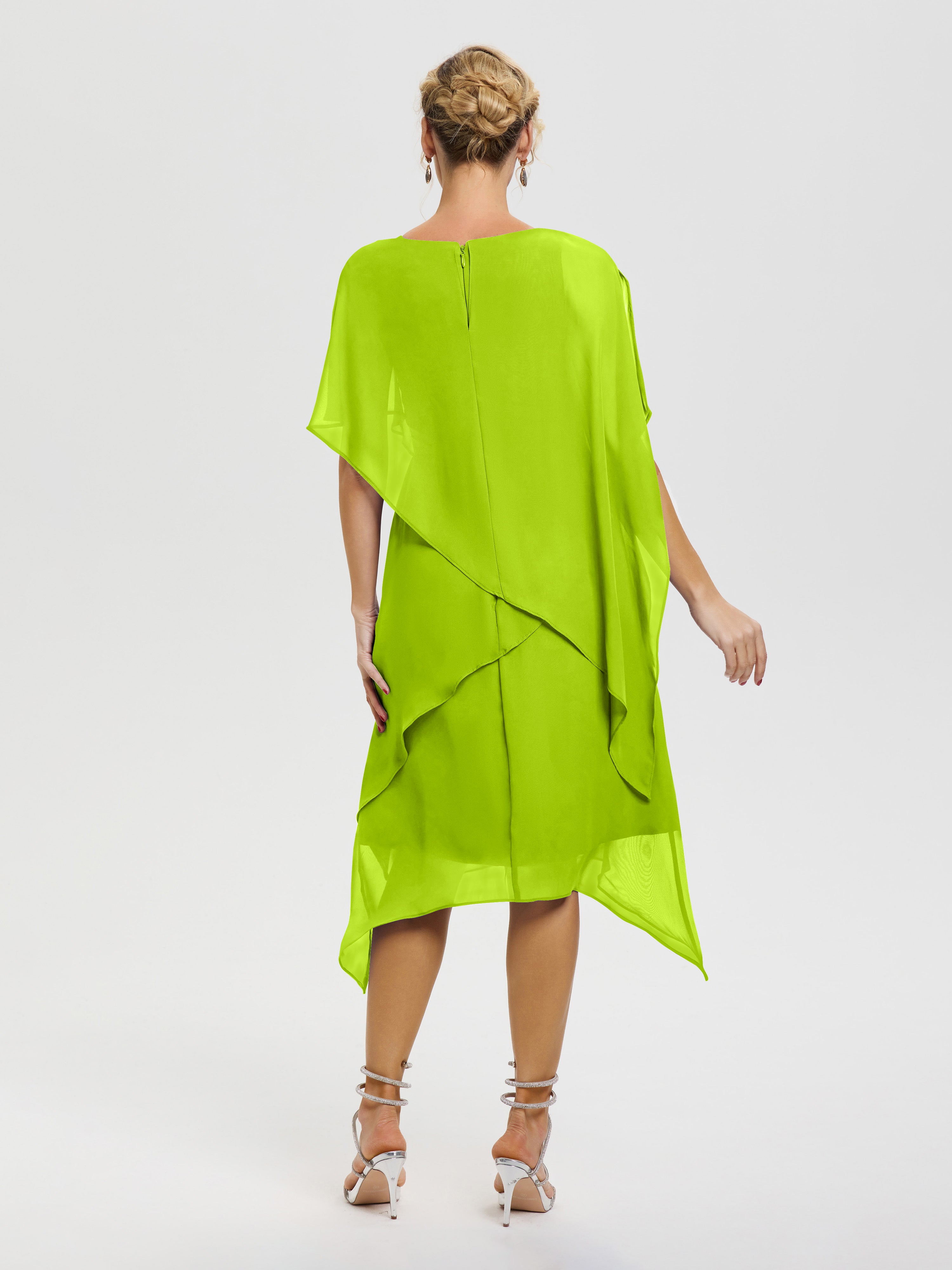 Robes Pour La Mère De La Mariée Vert Citron Col Rond Mousseline Asymétrique Robe Mère Du Marié