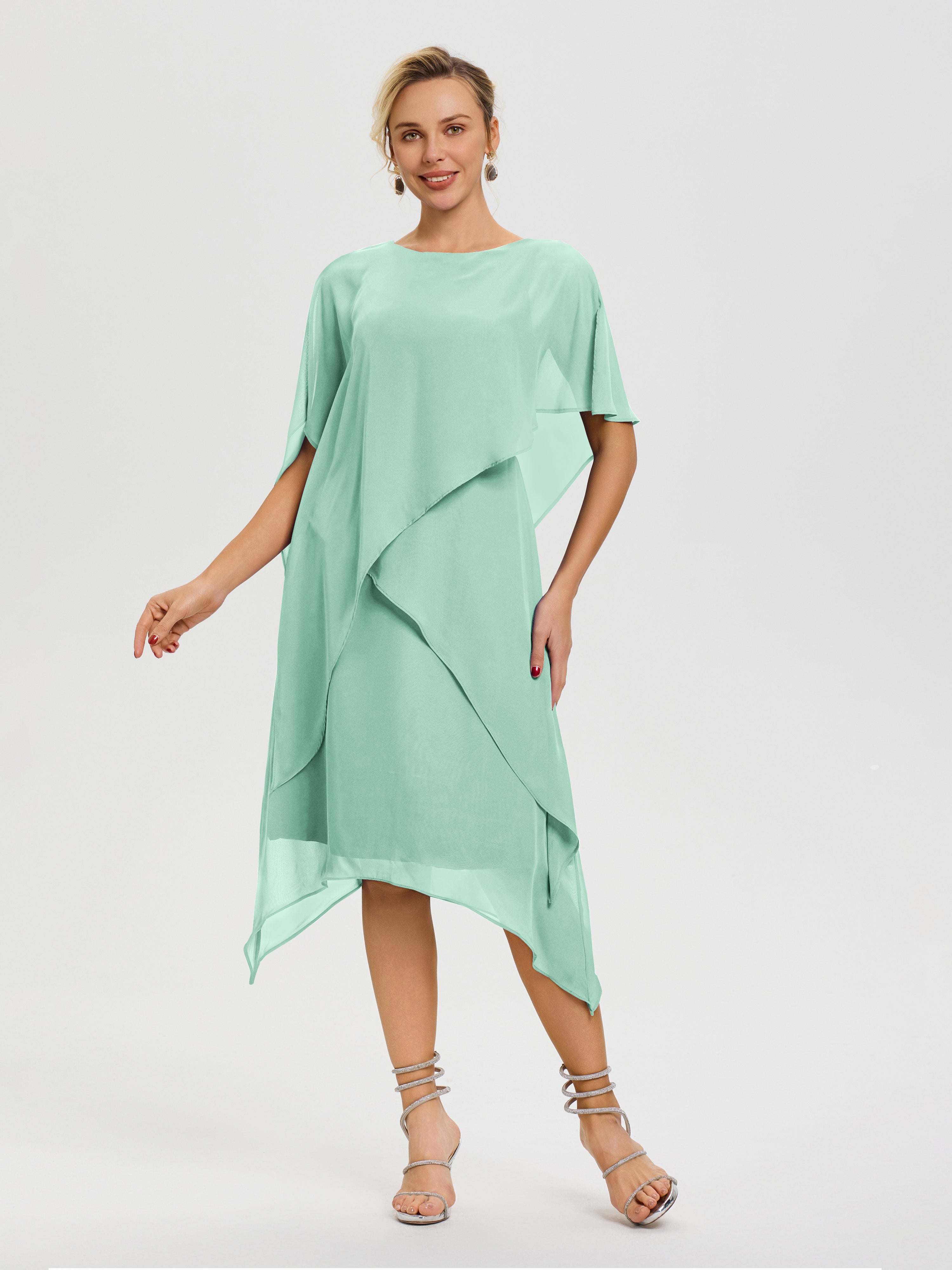 Robes Pour La Mère De La Mariée Vert Menthe Col Rond Mousseline Asymétrique Robe Mère Du Marié