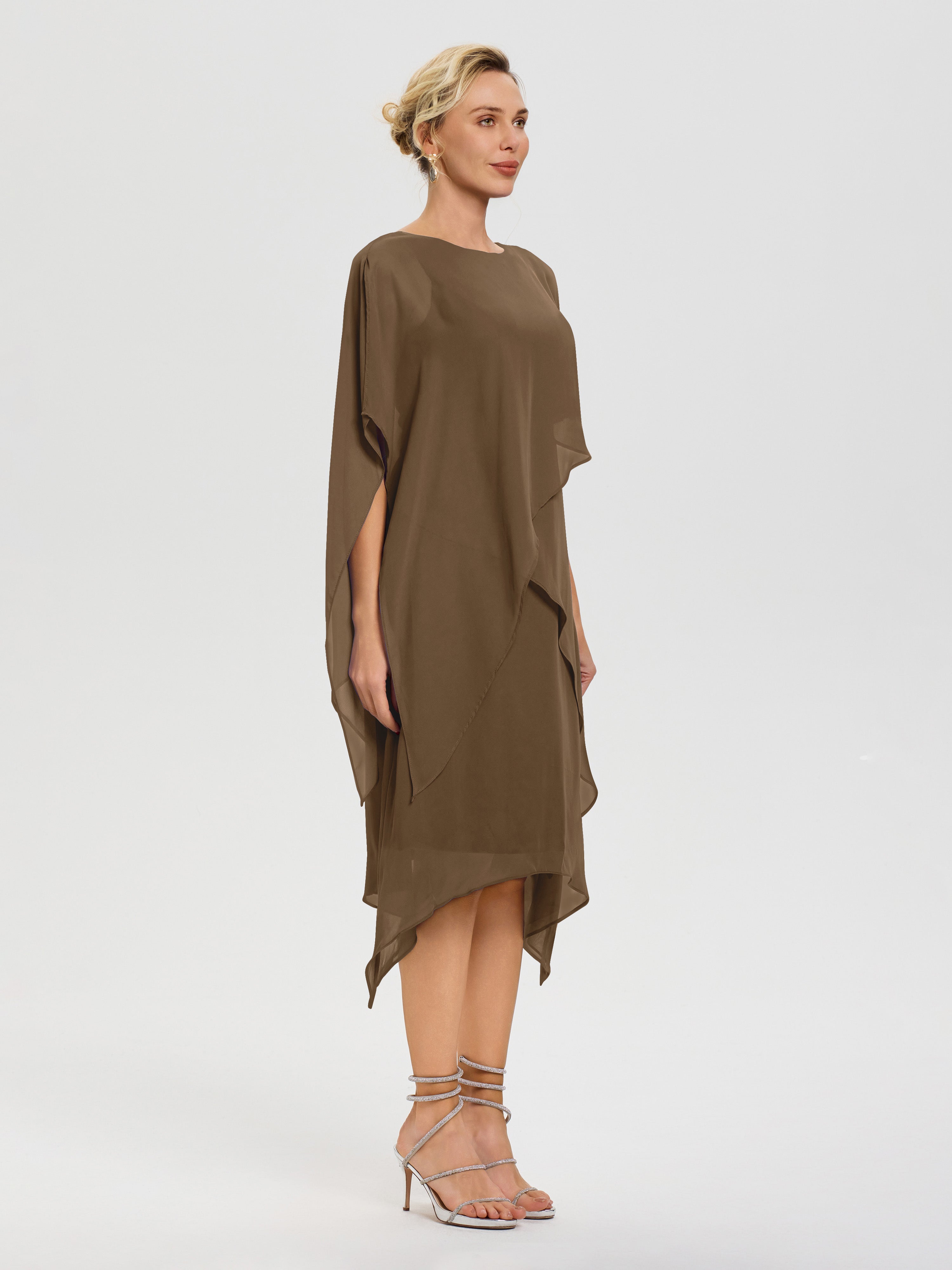 Robe Pour Mère De La Mariée Moka Col Rond Mousseline Asymétrique Robe Mère Du Marié